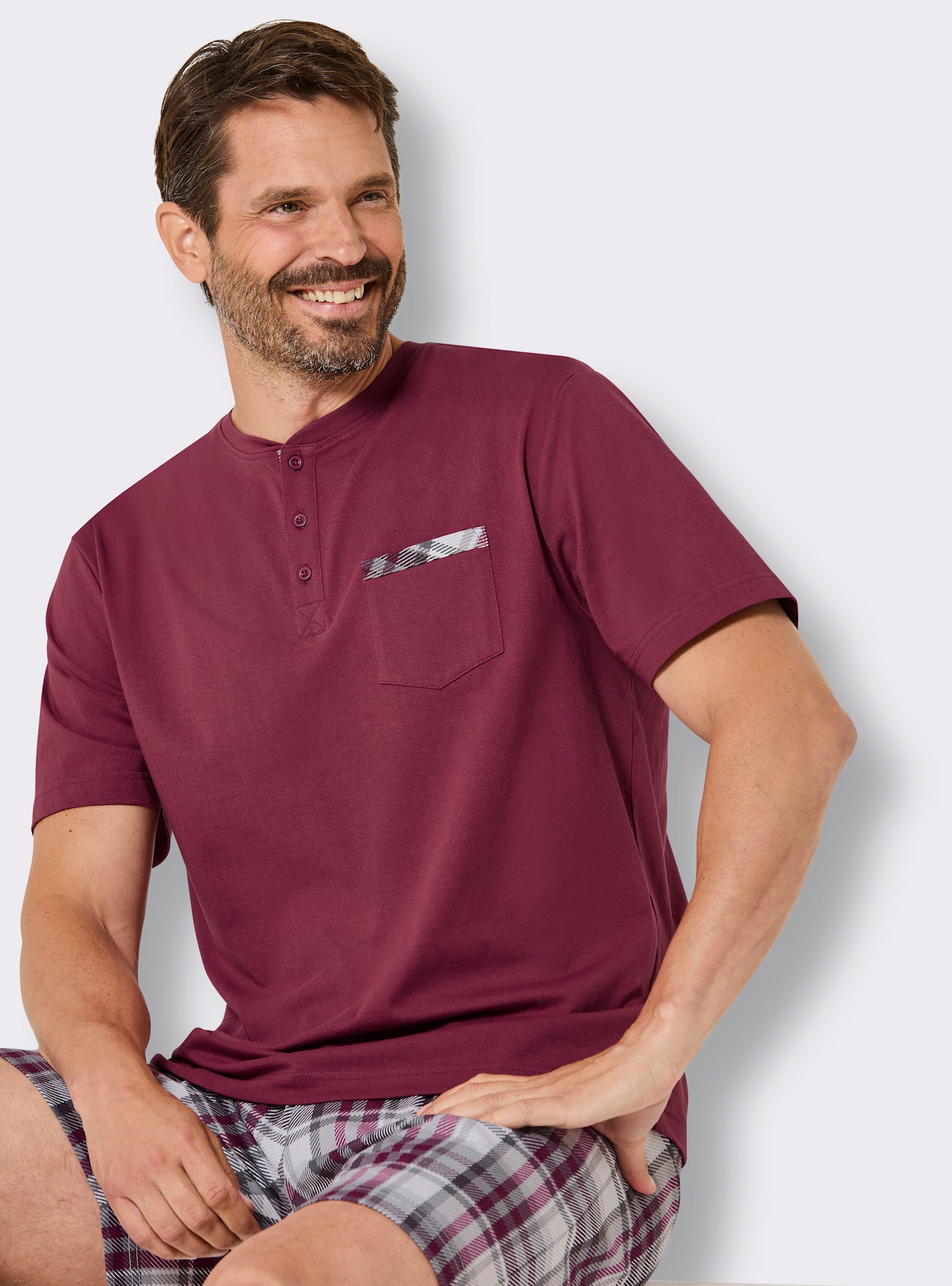 wäschepur men Shorty mit karierter Hose - bordeaux-steingrau-bedruckt