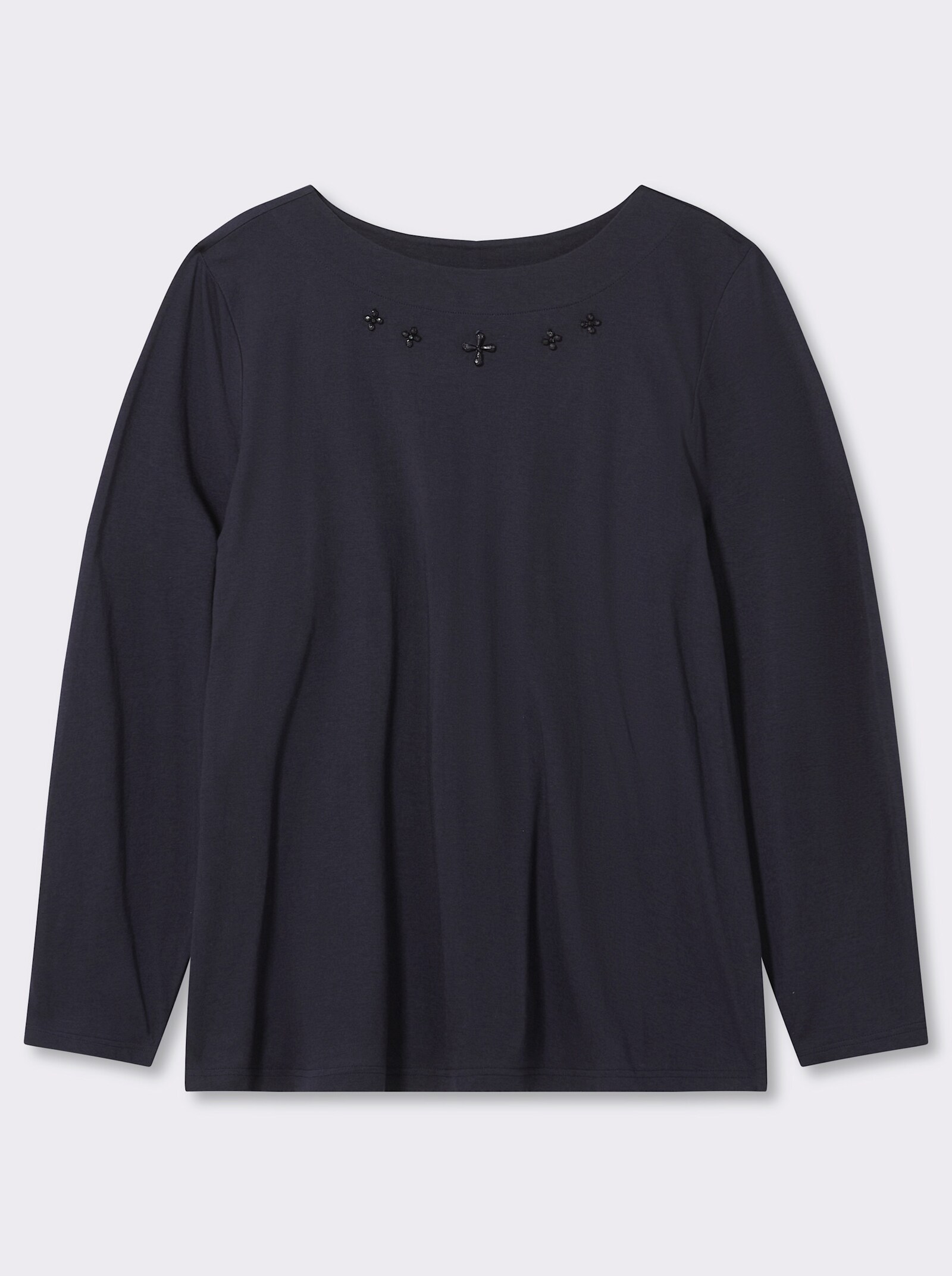 sheego Langarmshirt mit Zierperlen am Ausschnitt - tiefblau