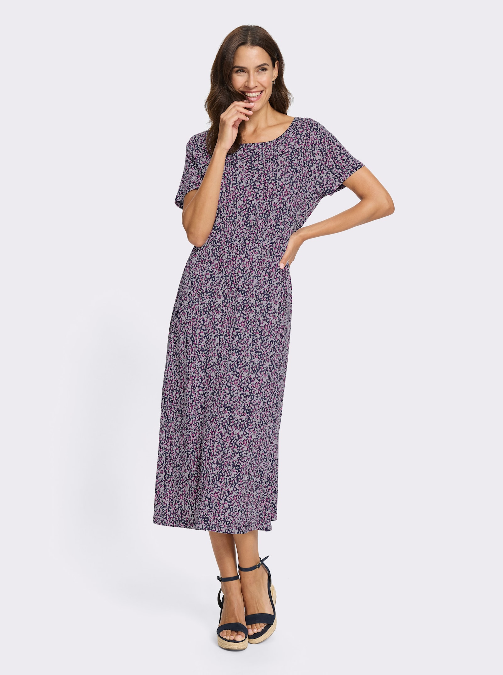 Jerseyjurk met taille-elastiek - marine/orchidee bedrukt