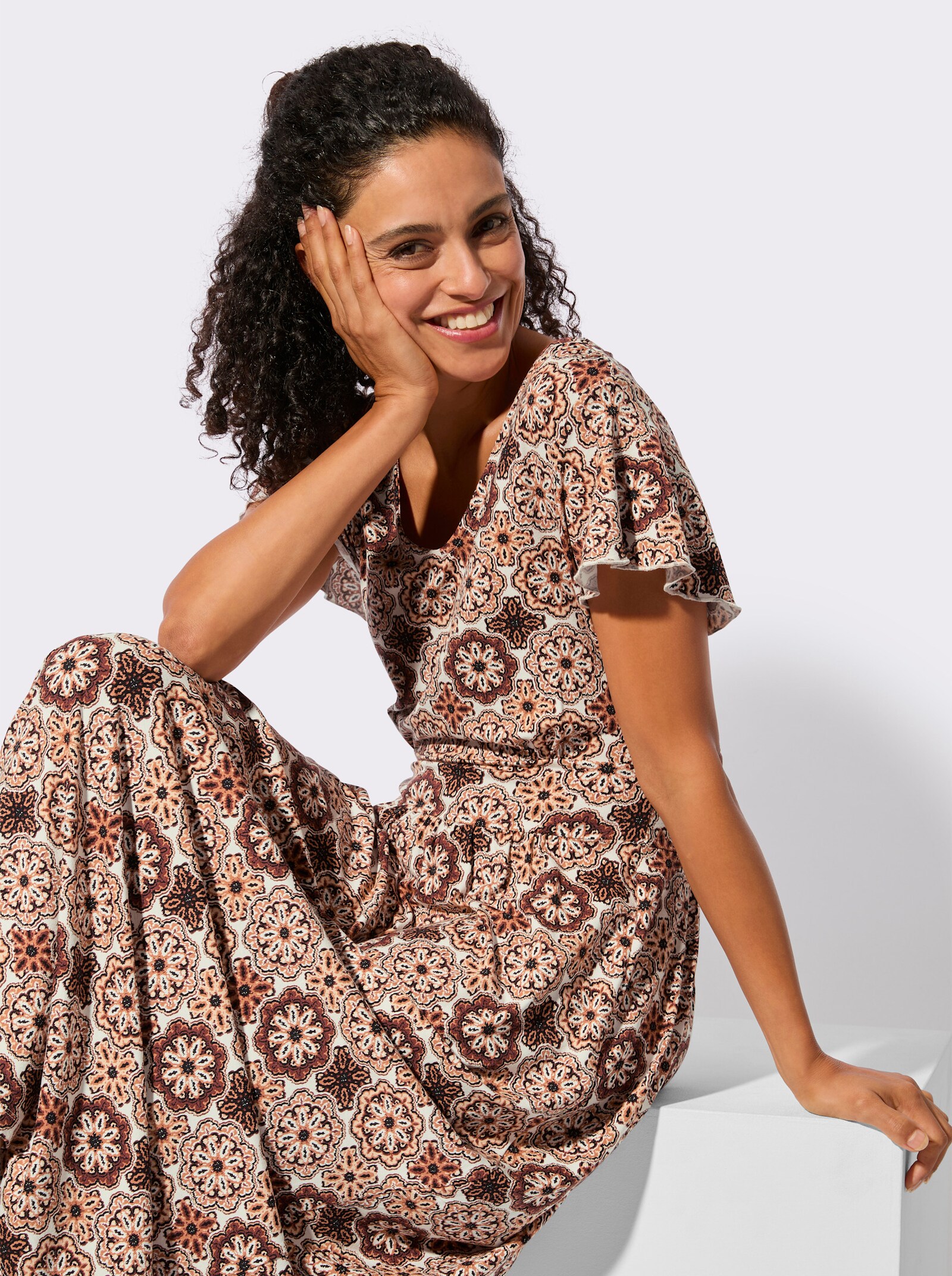 Jerseykleid mit Smokeinsatz im Rücken - papaya-ecru-bedruckt