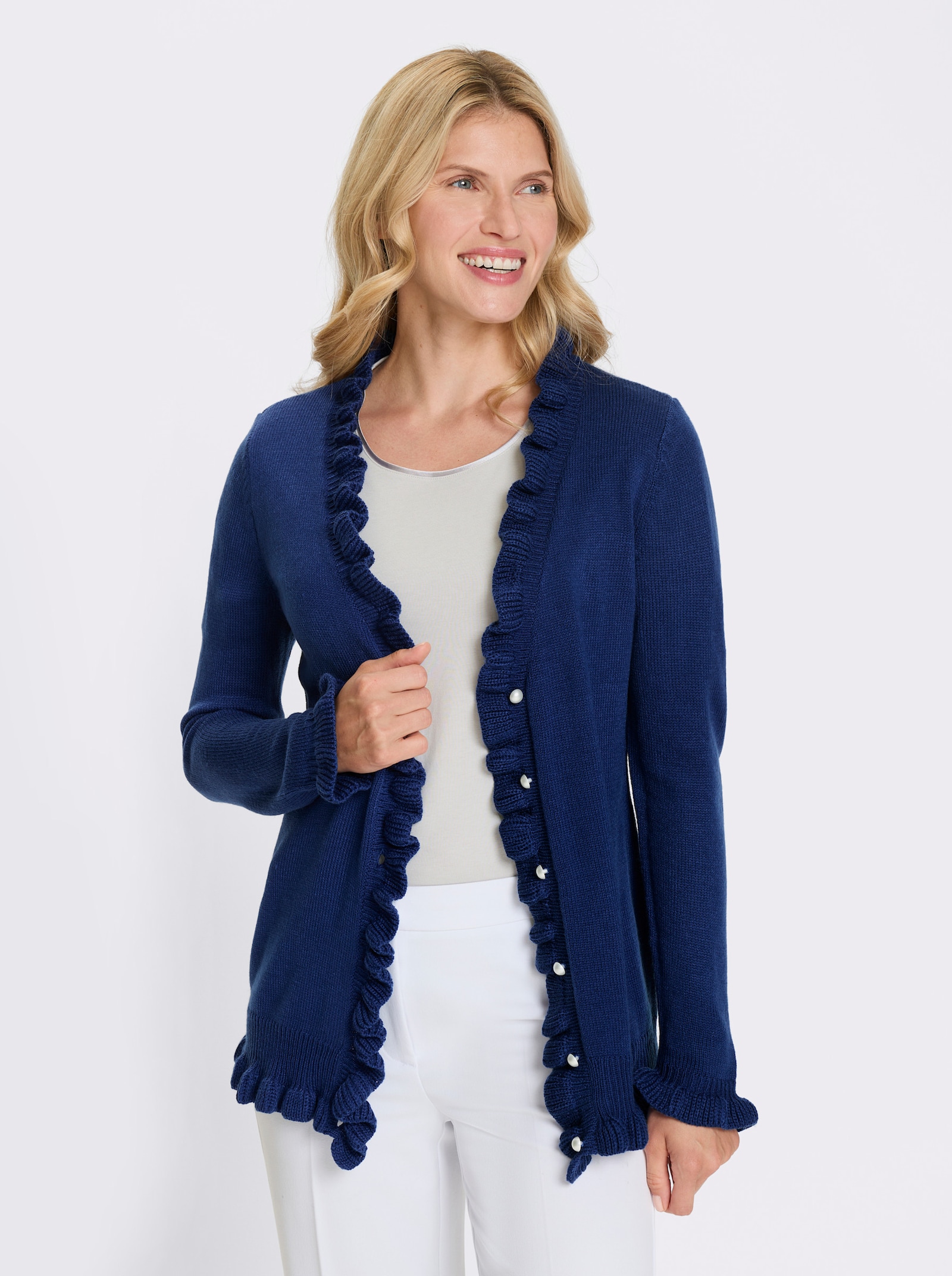 Strickjacke mit Rüschen-Verzierung - royalblau