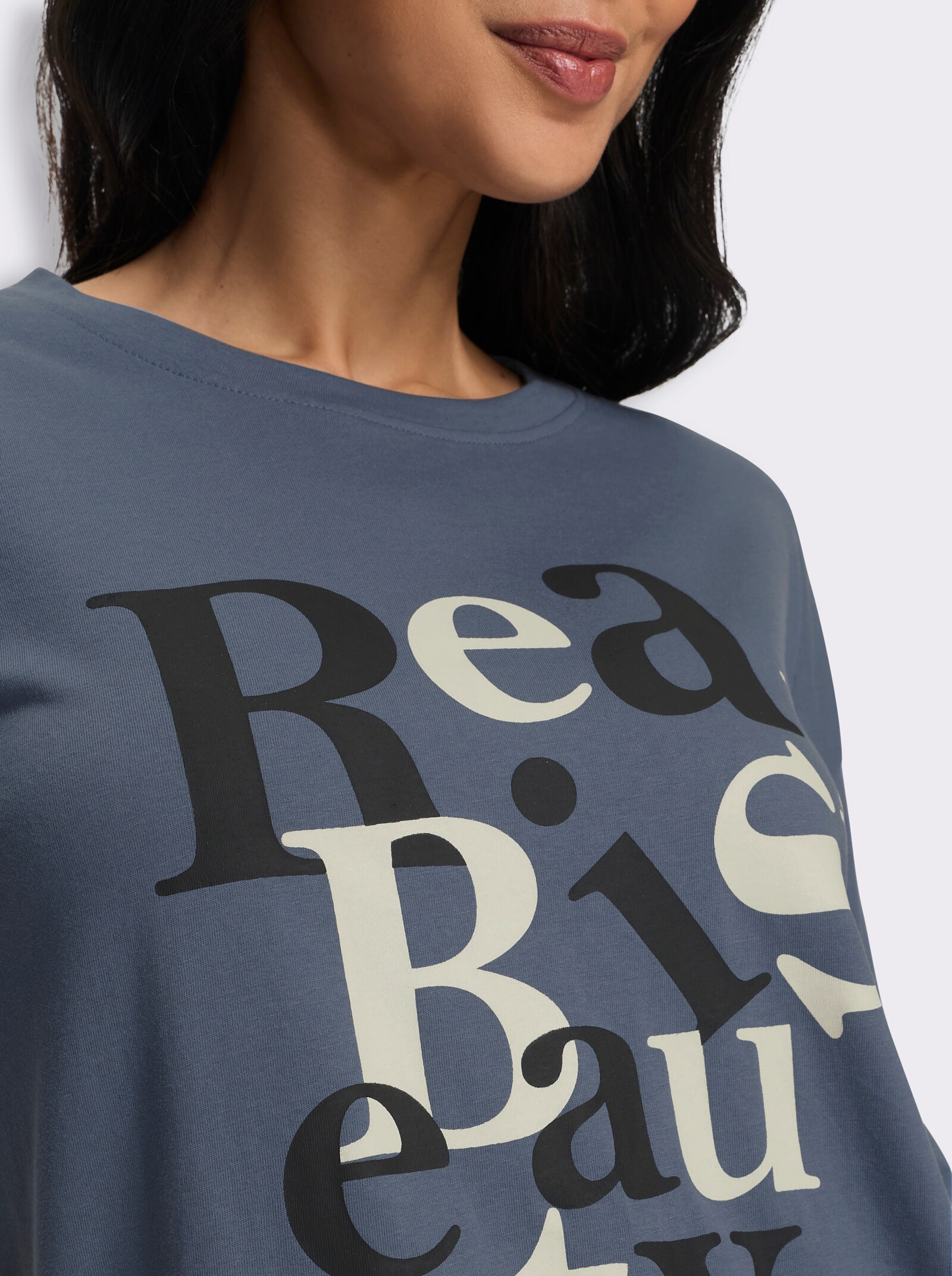 3/4-Arm-Shirt mit Schriftzug im Vorderteil - rauchblau-schwarz