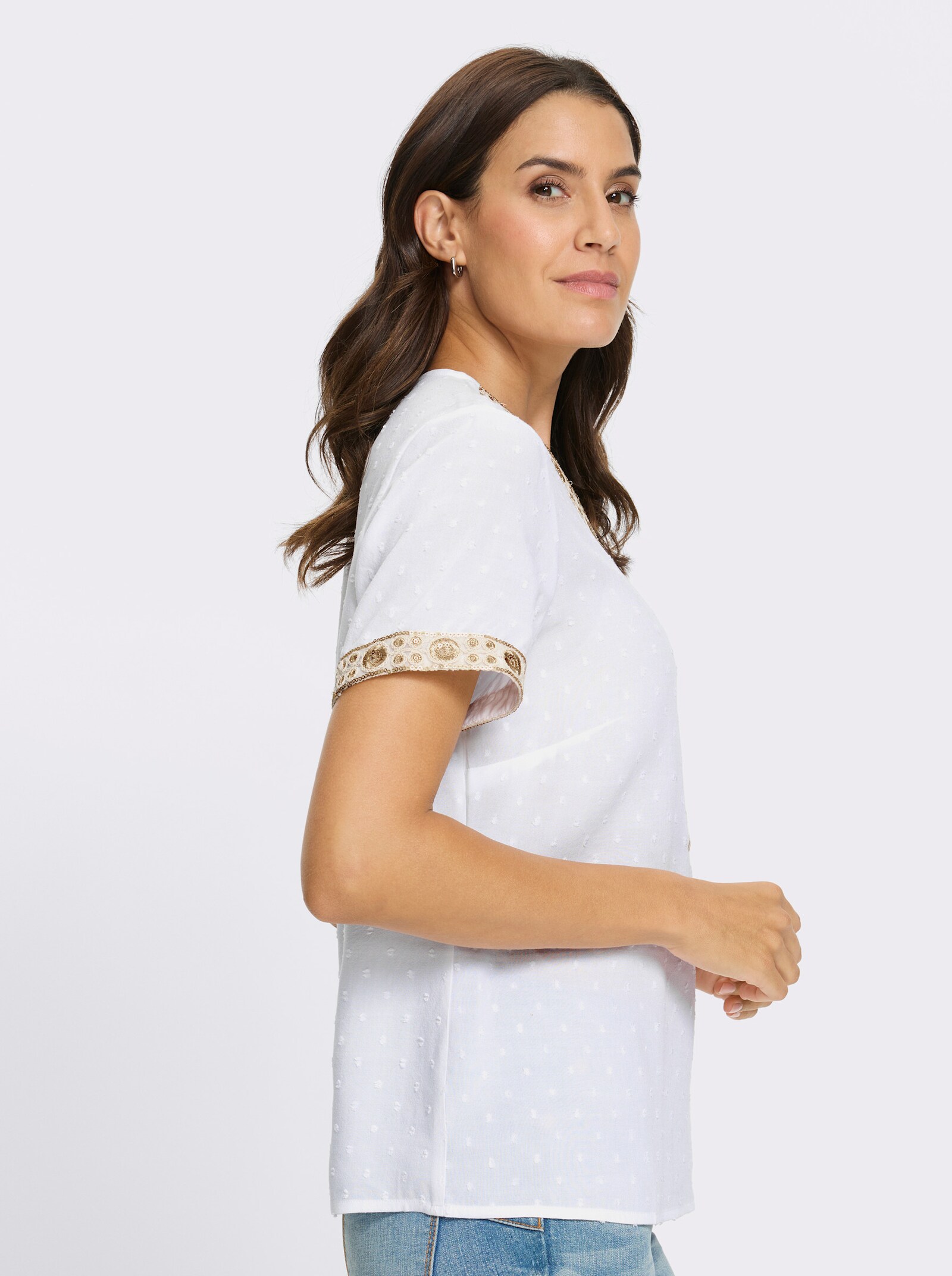 Kurzarm-Bluse mit eingewebten Pünktchen - ecru