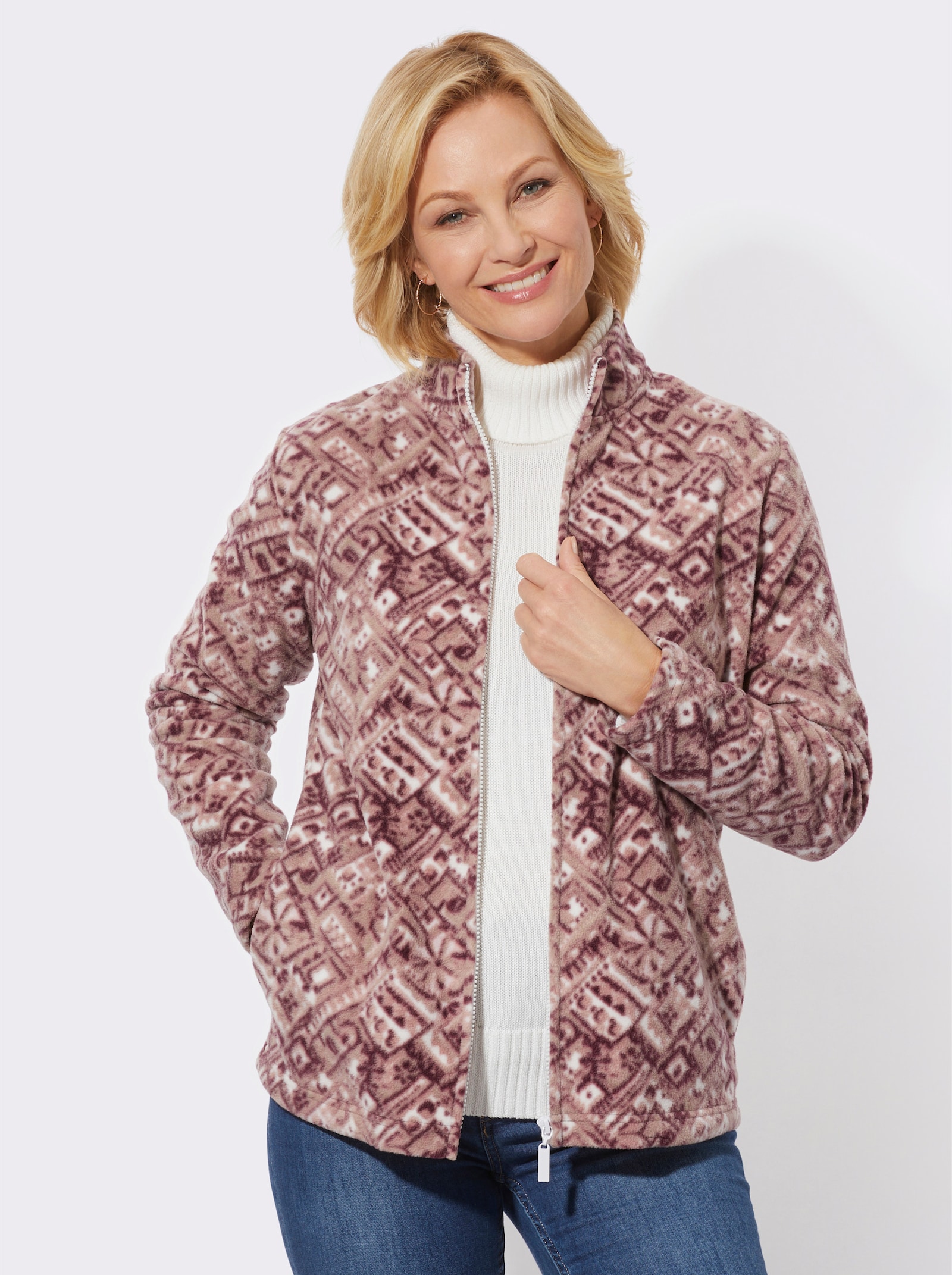 Fleecejack in antipilling-uitvoering - leem/bordeaux bedrukt