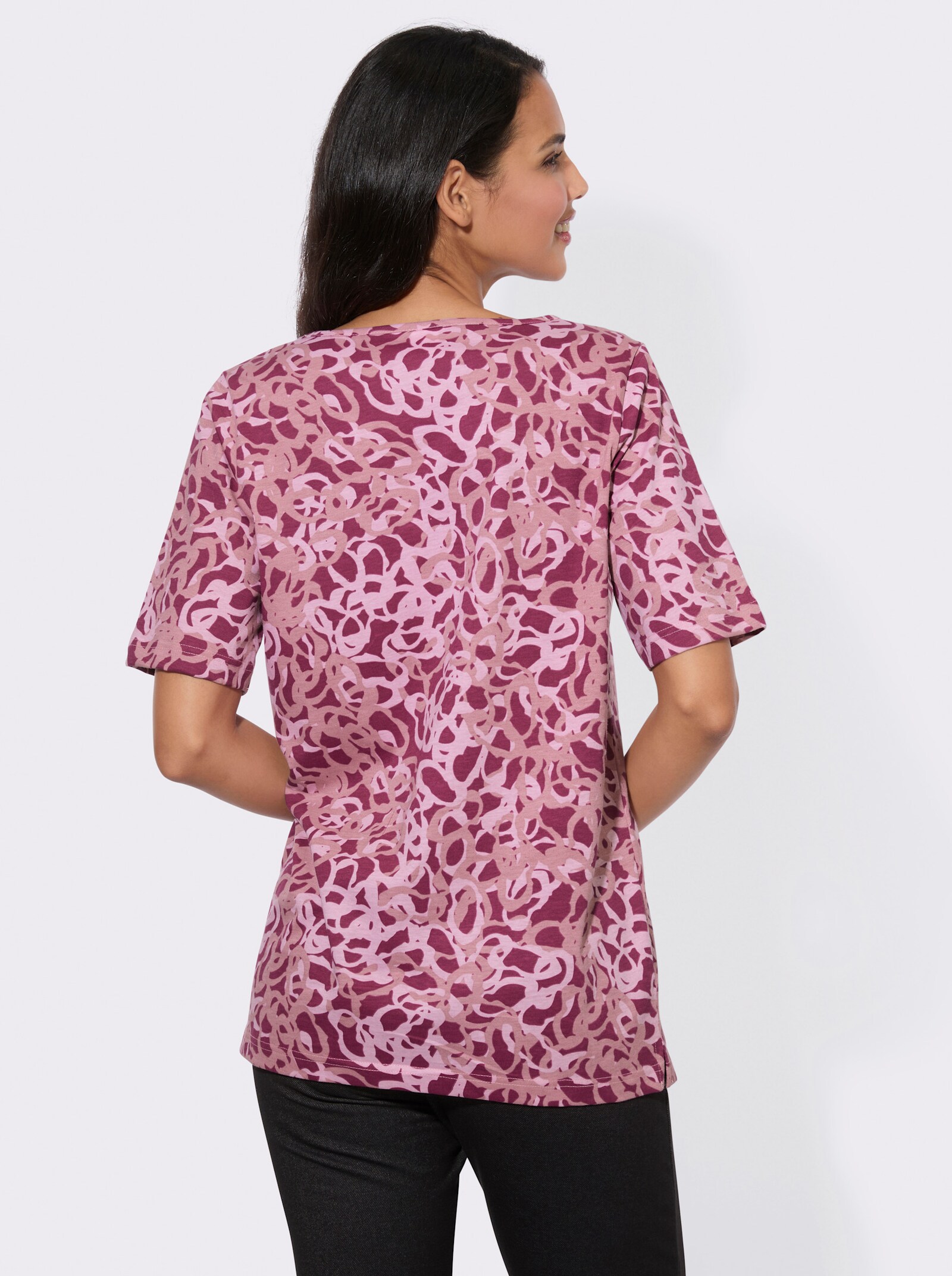 V-Shirt mit Seitenschlitzen - rosenholz-rosenquarz-bedruckt