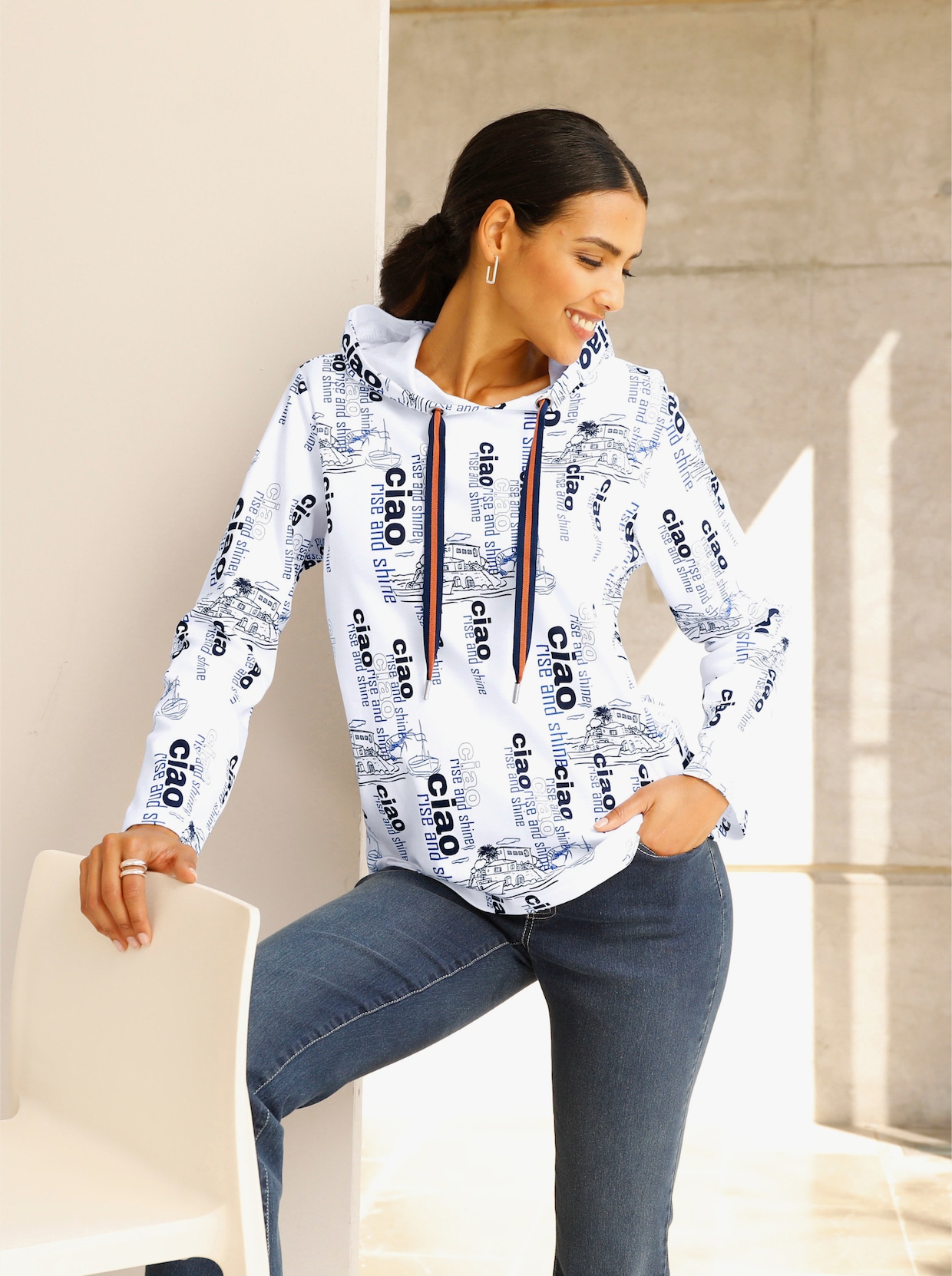 Sweatshirt - weiß-marine-bedruckt