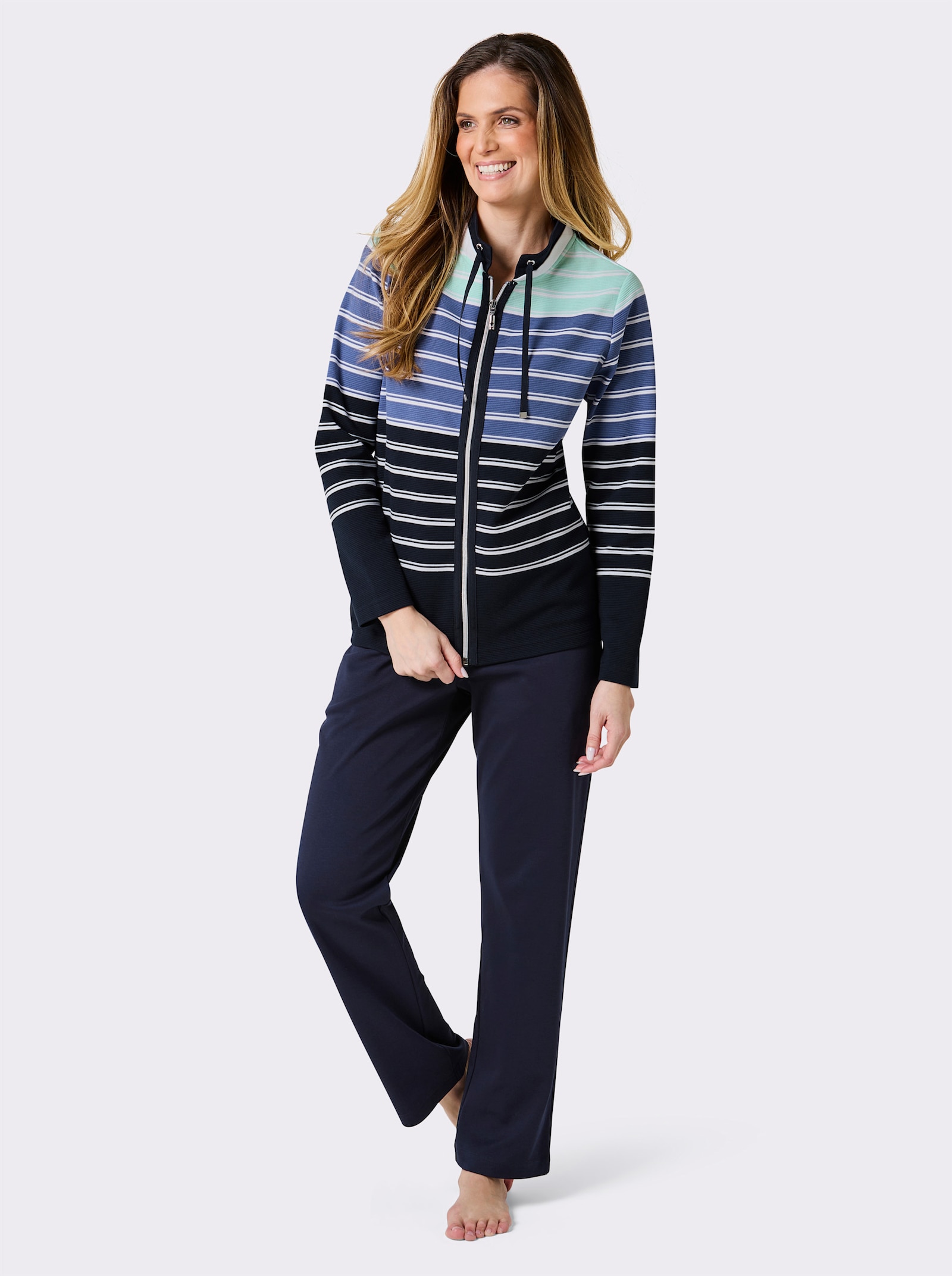 Hajo Hausanzug in atmungsaktiver Qualität - marine-jeansblau-geringelt