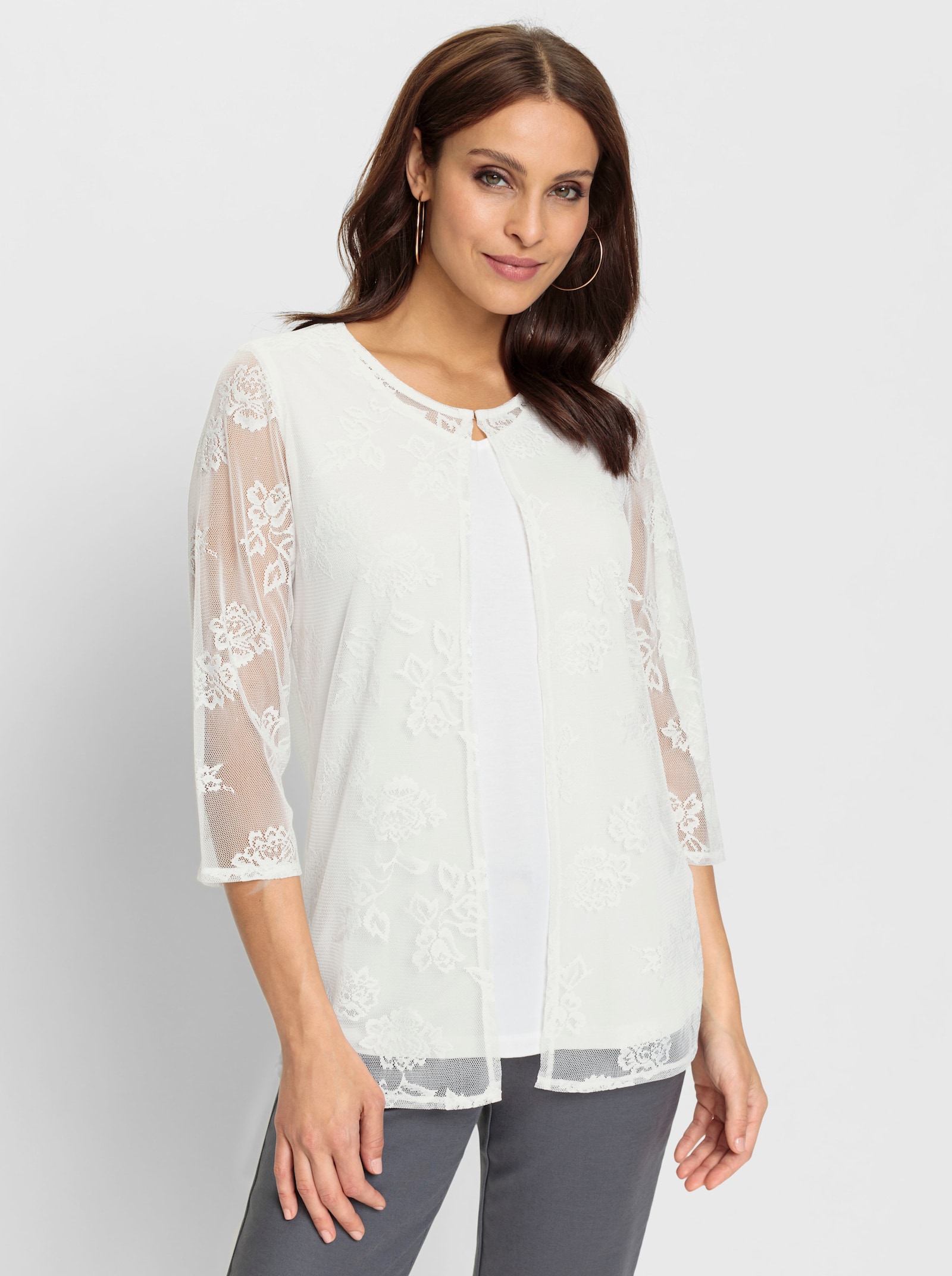 2-in-1-Shirt mit Blüten-Spitze - ecru