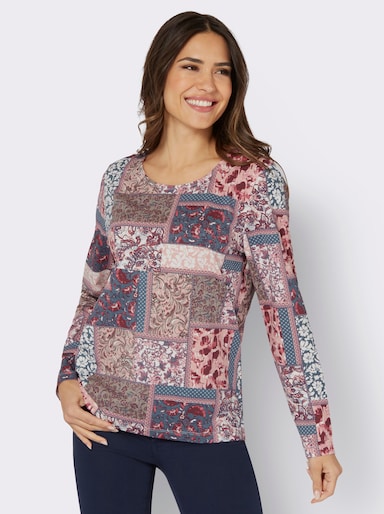 Rundhalsshirt mit Patchwork-Muster - hortensie-rauchblau-bedruckt