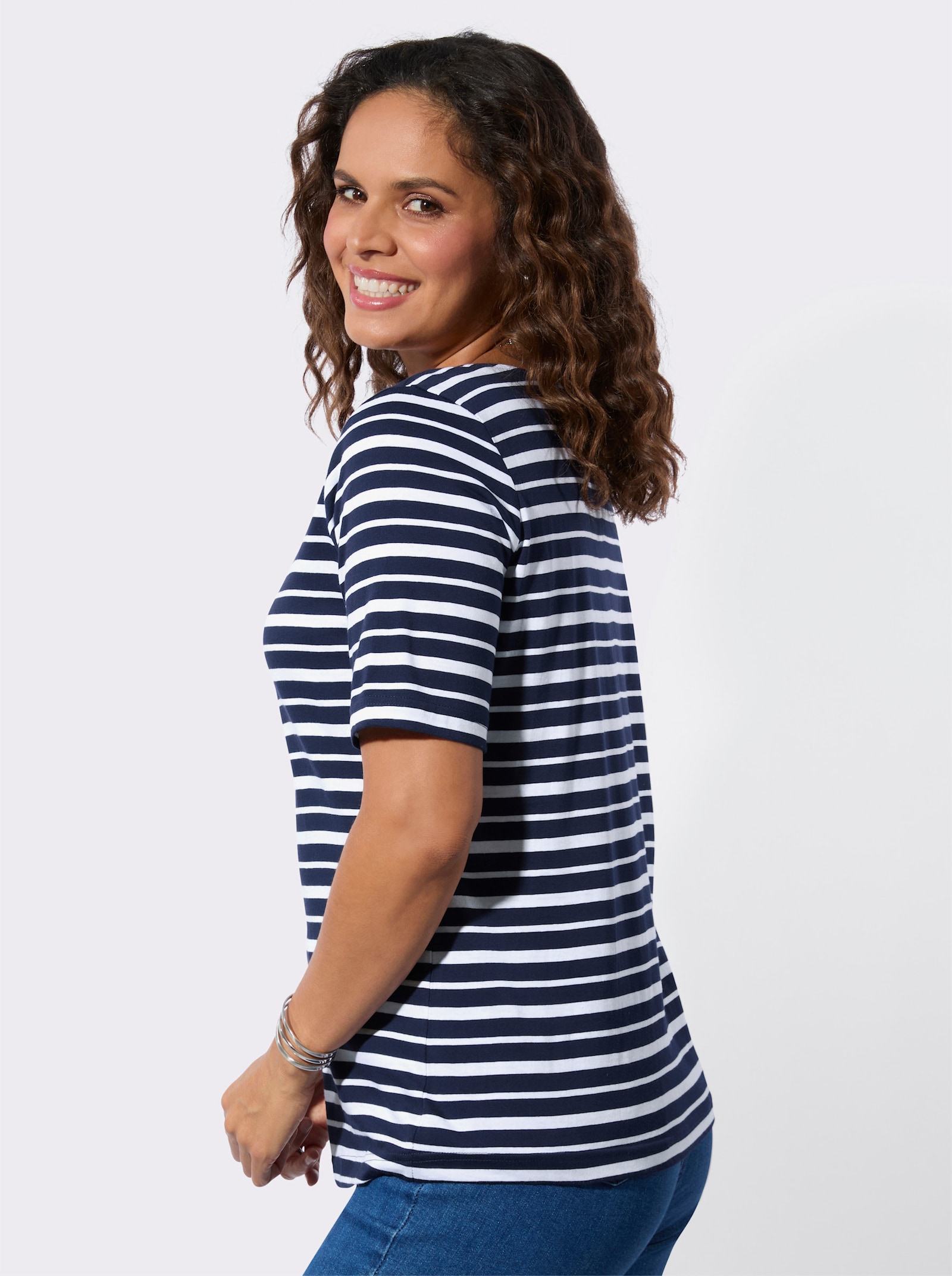 Shirtset met decoratieve hals - marine + marine/wit gestreept