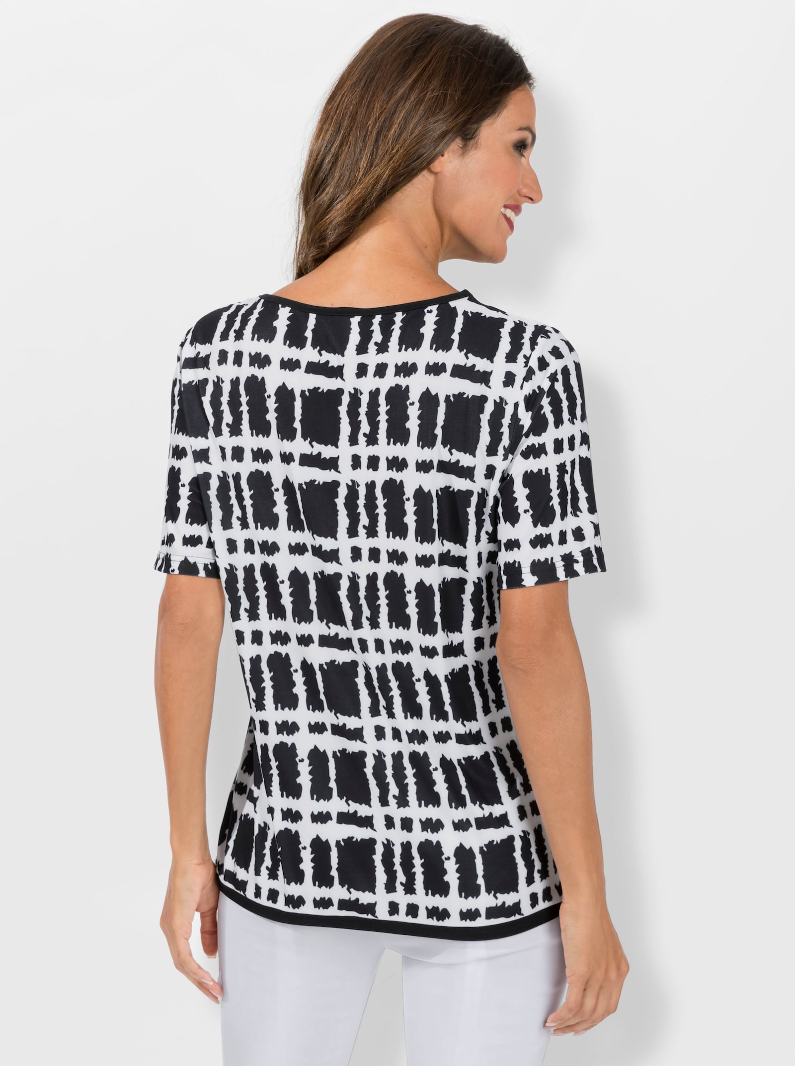 Kurzarmshirt mit Bindebändern - ecru-schwarz-bedruckt