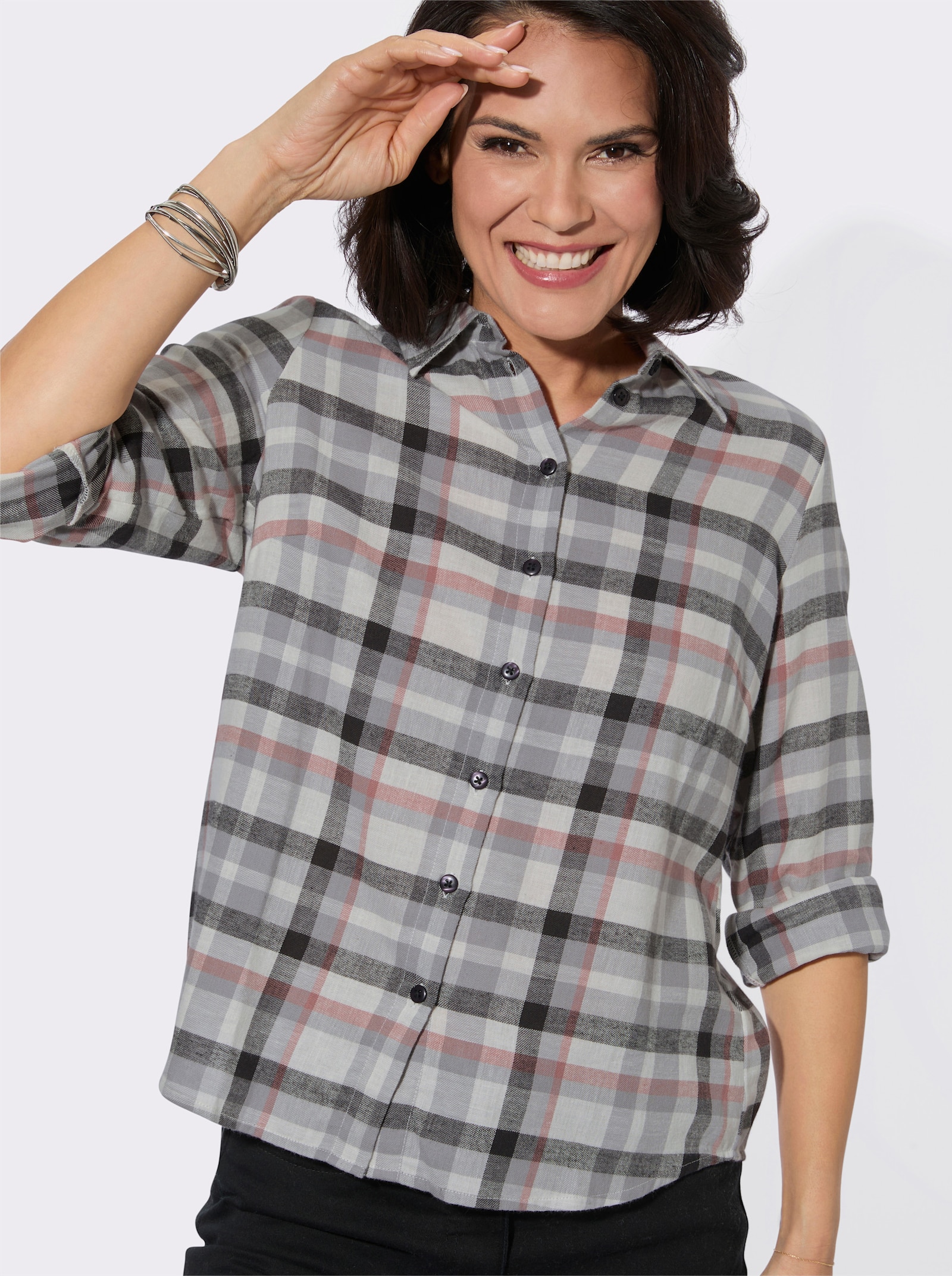 Flanellbluse mit Kellerfalte im Rücken - graphit-ecru-kariert