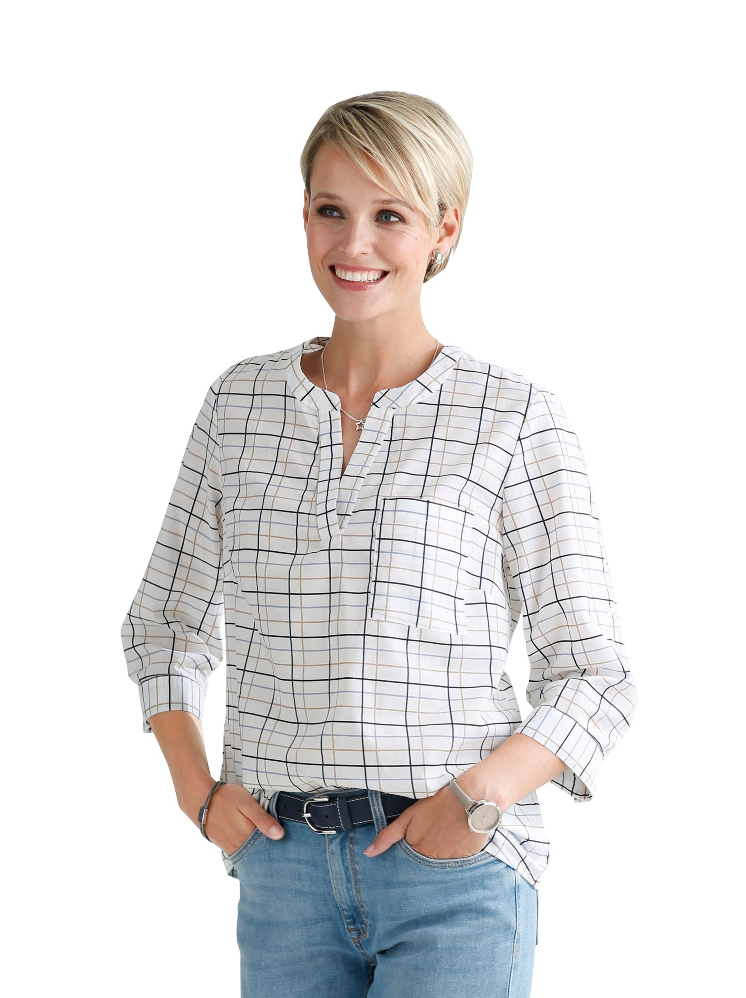 Bluse - ecru-bleu-kariert