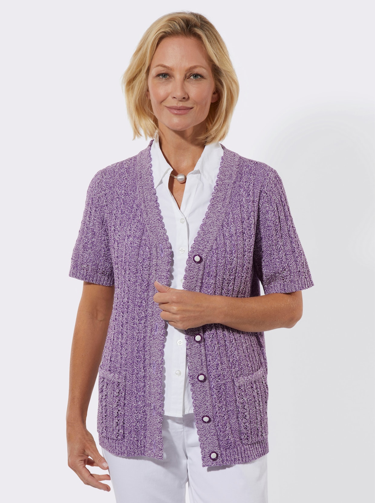 Ajourstrickjacke - lila-ecru-meliert