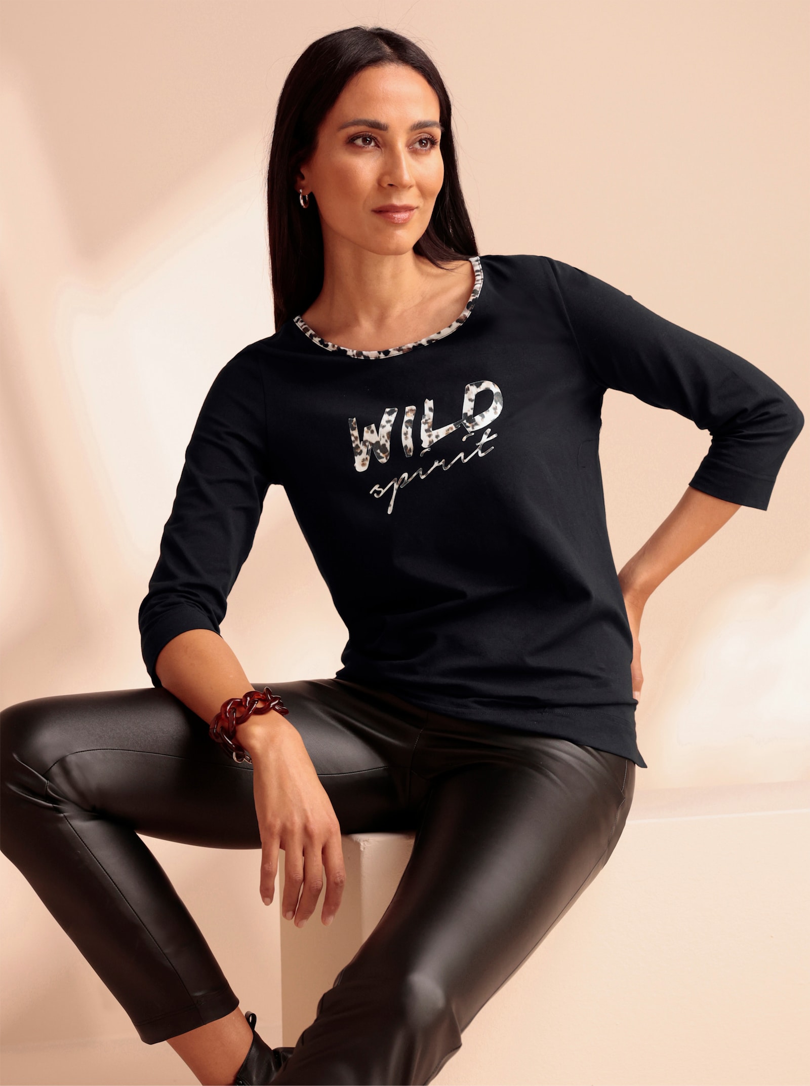 heine Tričko s 3/4 rukávem a leopardími detaily - černá