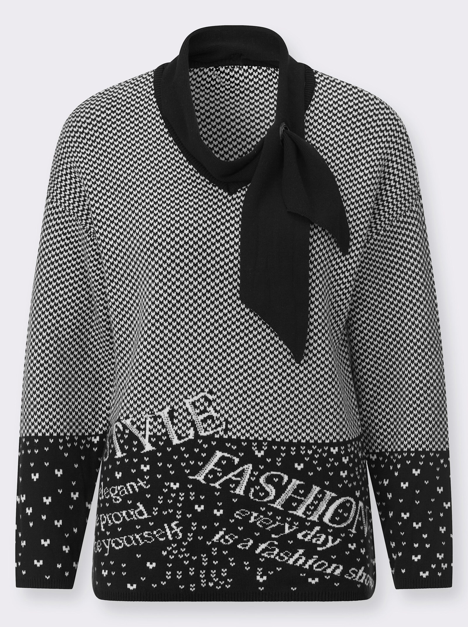 Langarm-Pullover mit abnehmbaren Schal - schwarz-ecru-gemustert