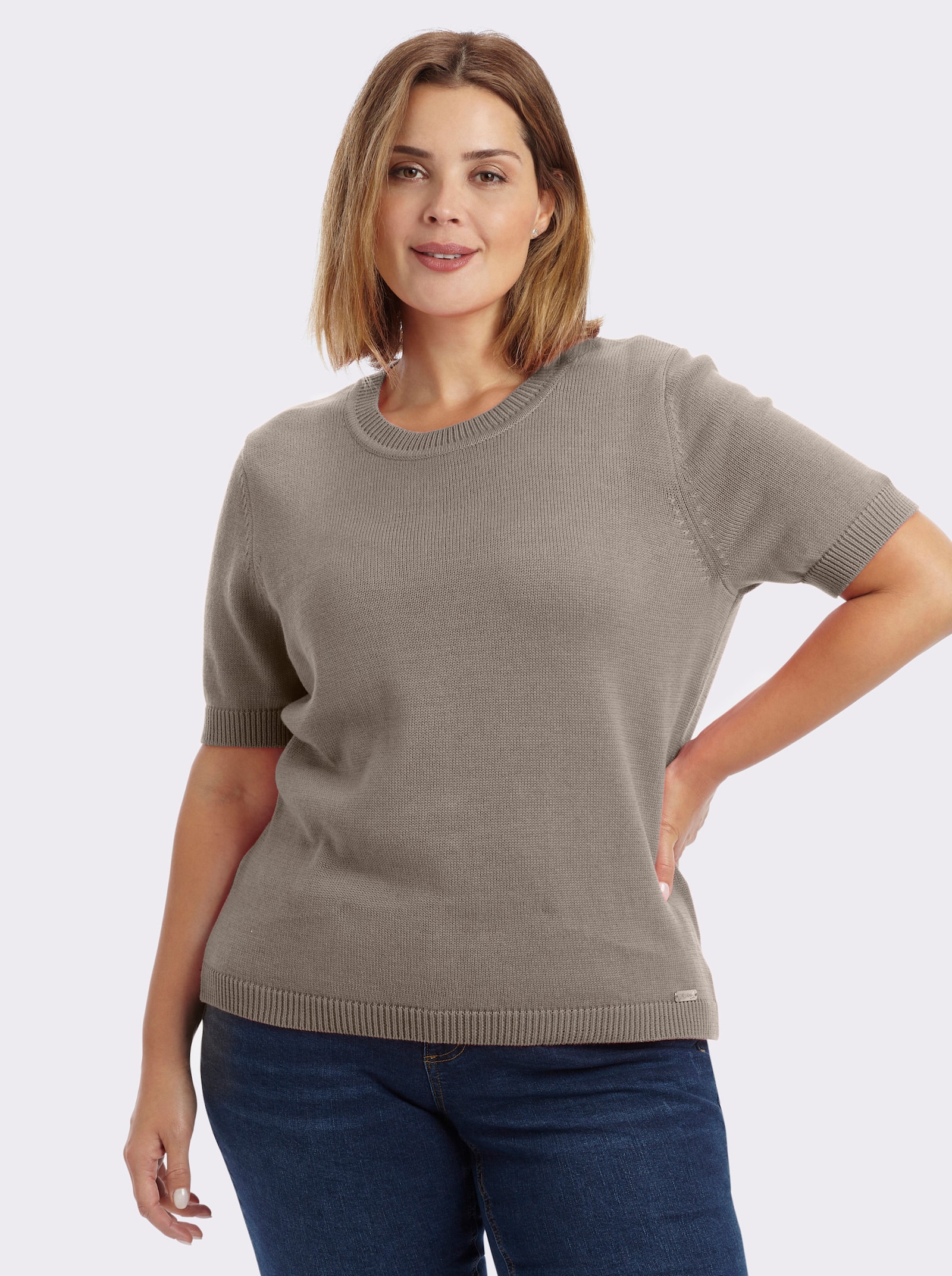 Kurzarmpullover mit Rippabschlüssen - taupe-meliert