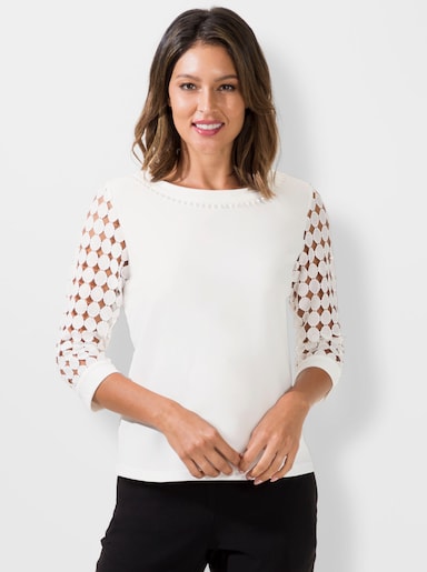 Spitzenshirt mit U-Boot-Ausschnitt - ecru