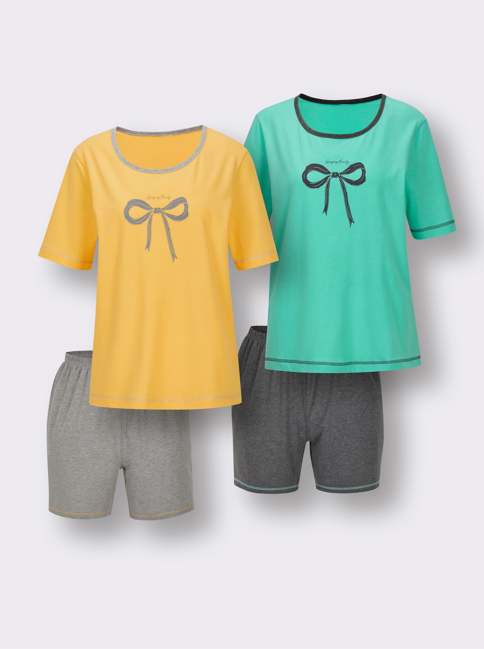 wäschepur Shorty + Schlafanzug - grau-meliert-gelb + anthrazit-meliert-blaugrün