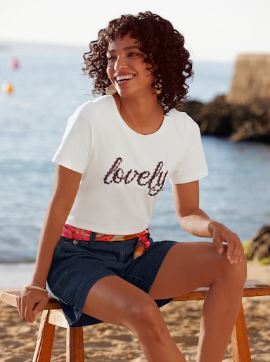 heine Kurzarmshirt mit Pailletten-Schriftzug - ecru