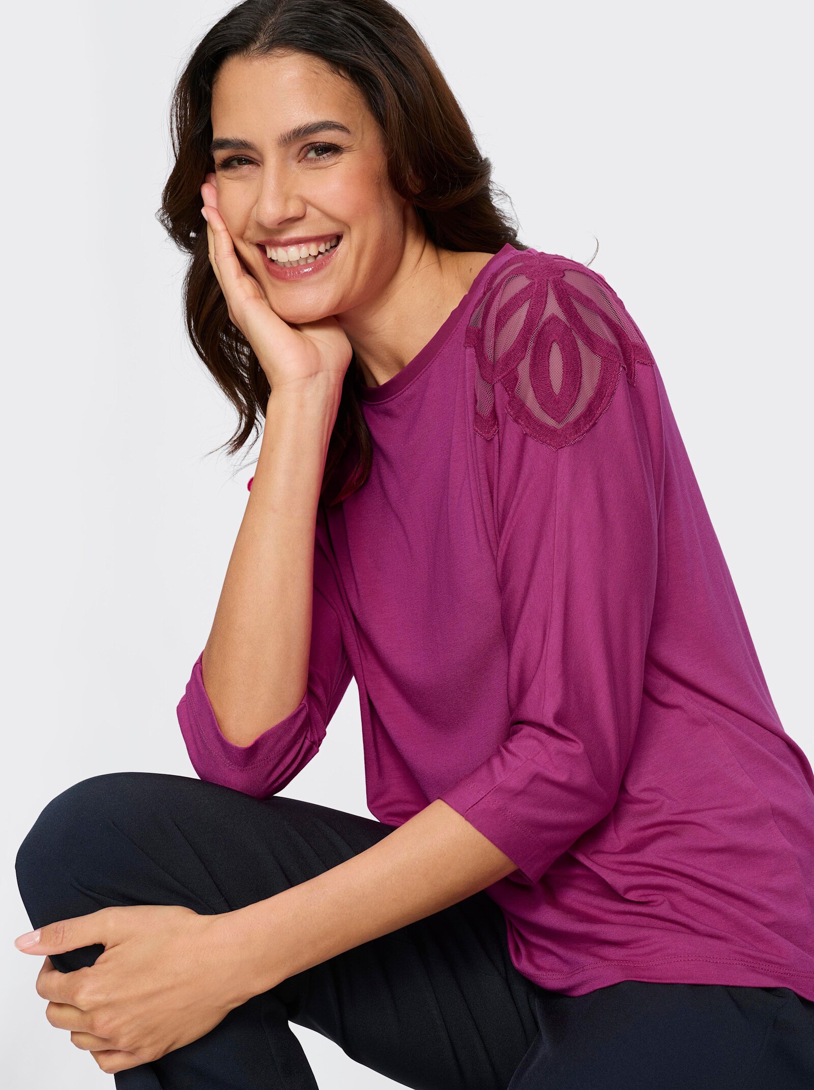 3/4-Arm-Shirt mit Spitzeneinsatz an der Schulter - magenta