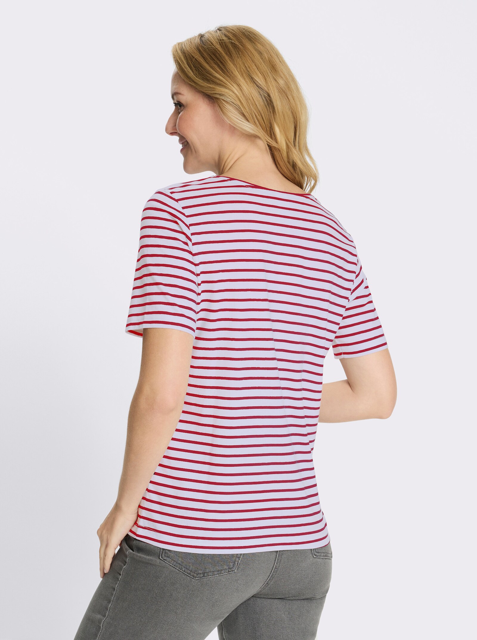 Proužkované tričko s nášivkou z imitace kůže - červená-bílá-proužek