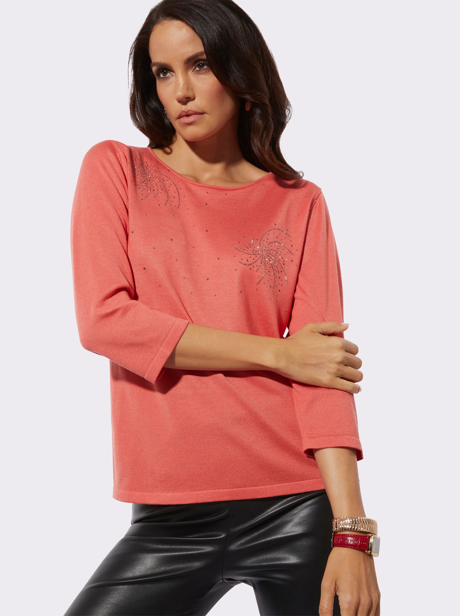 Feinstrickpullover mit Metallsteinchen - koralle