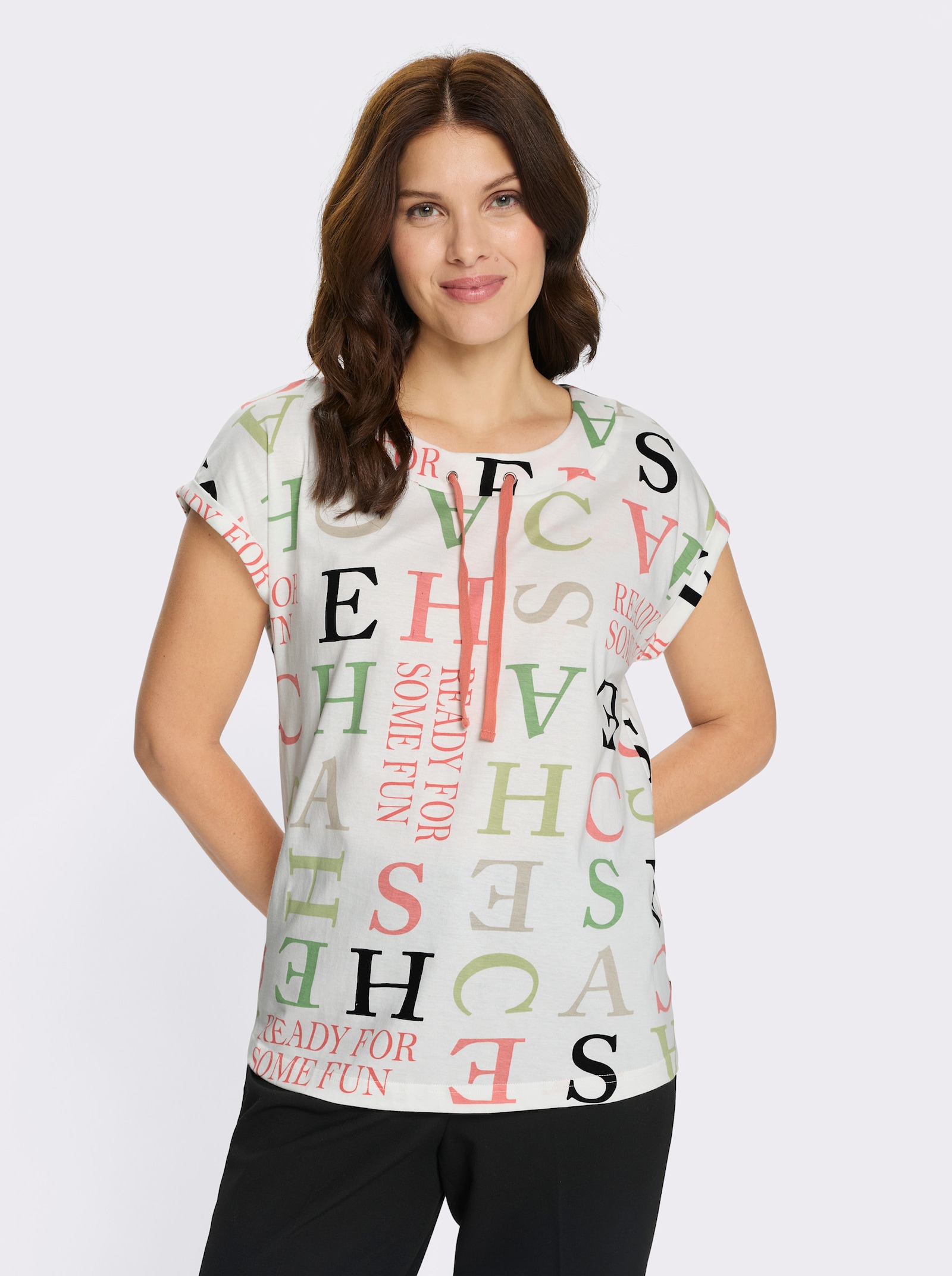 Kurzarmshirt mit Lettering-Druck - ecru-eucalyptus-bedruckt