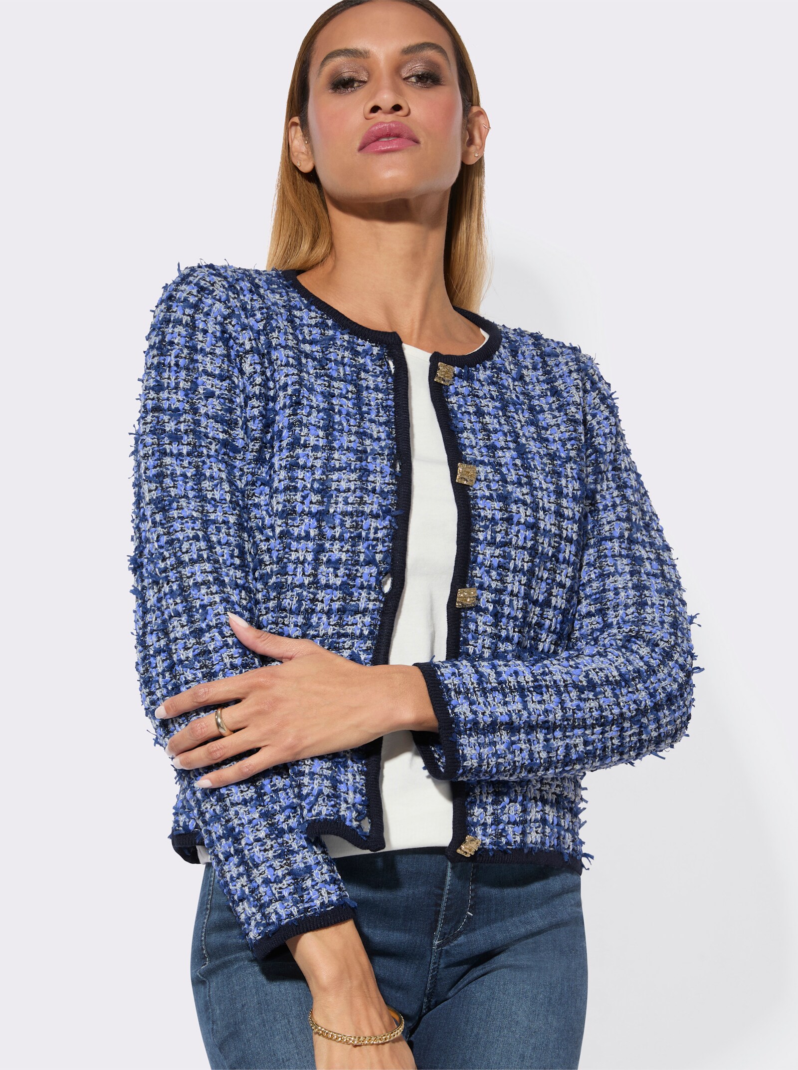 Cardigan in Bouclé-Optik - royalblau-weiß-gemustert