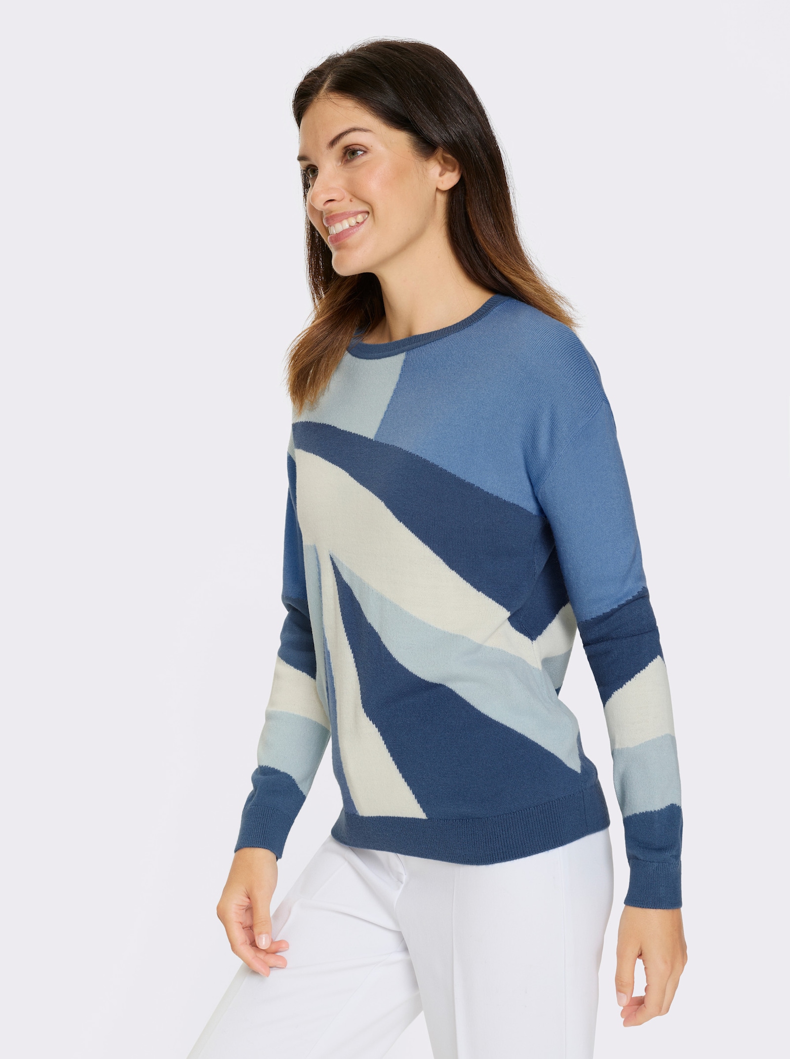 Langarm-Pullover mit Jacquard-Muster - hellblau-jeansblau-gemustert