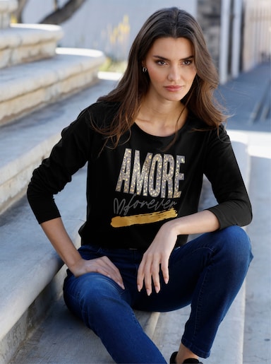 Langarmshirt mit goldfarbenem Amore-Print - schwarz-taupe