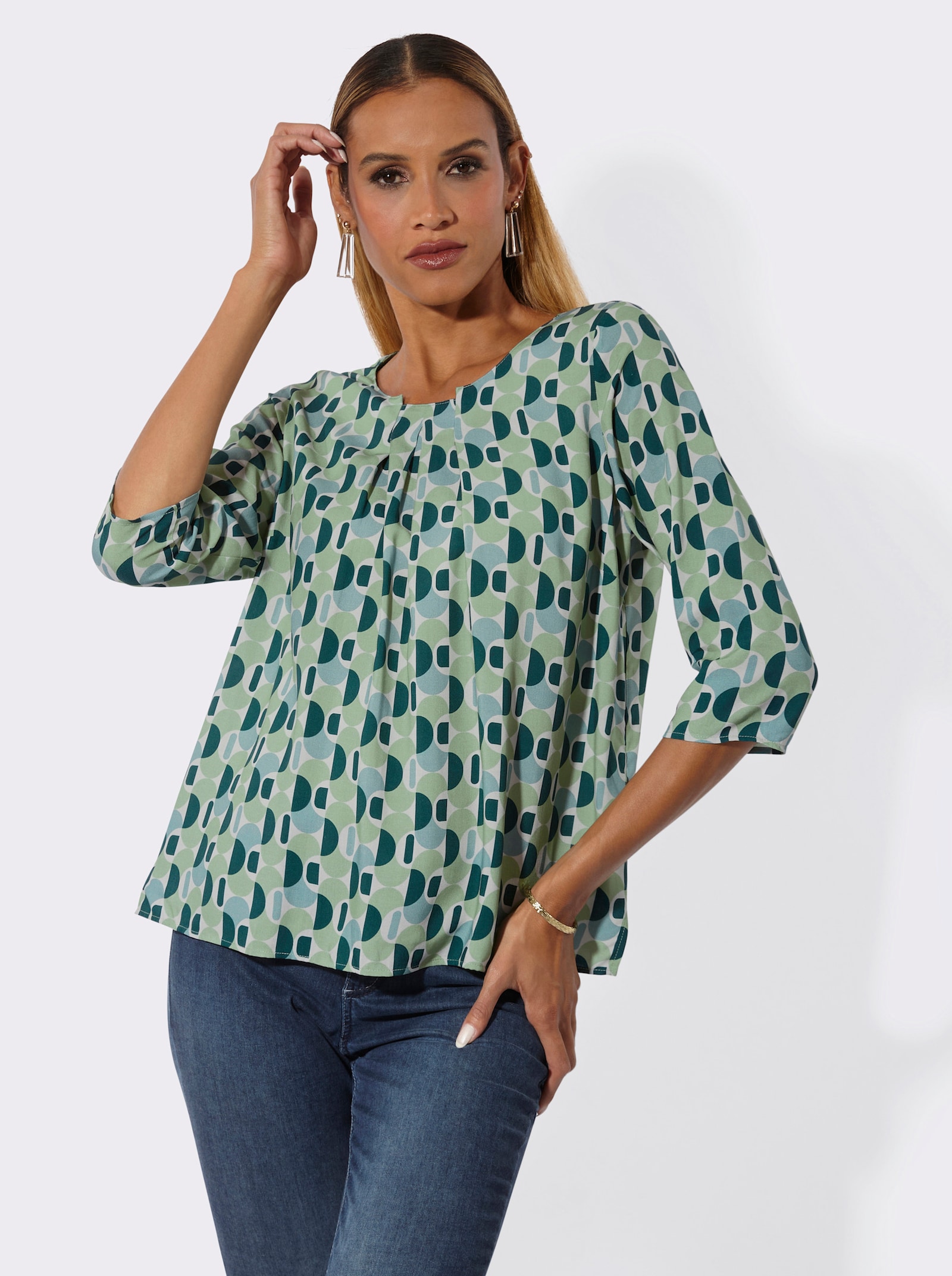 Druckbluse mit Seitenschlitzen - eucalyptus-jade-bedruckt