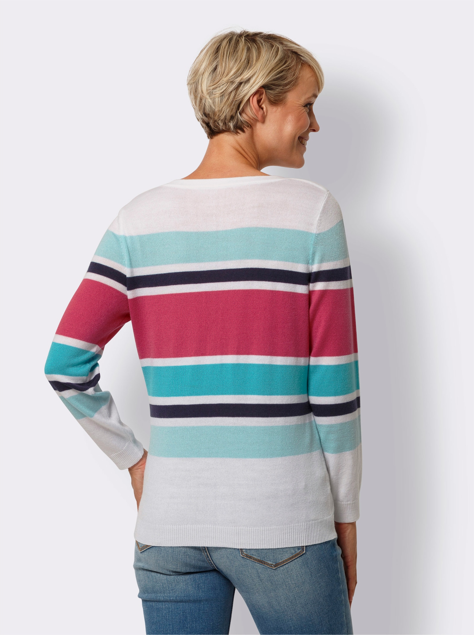 Gestreepte pullover in streepjesdessin - wit/turquoise gestreept