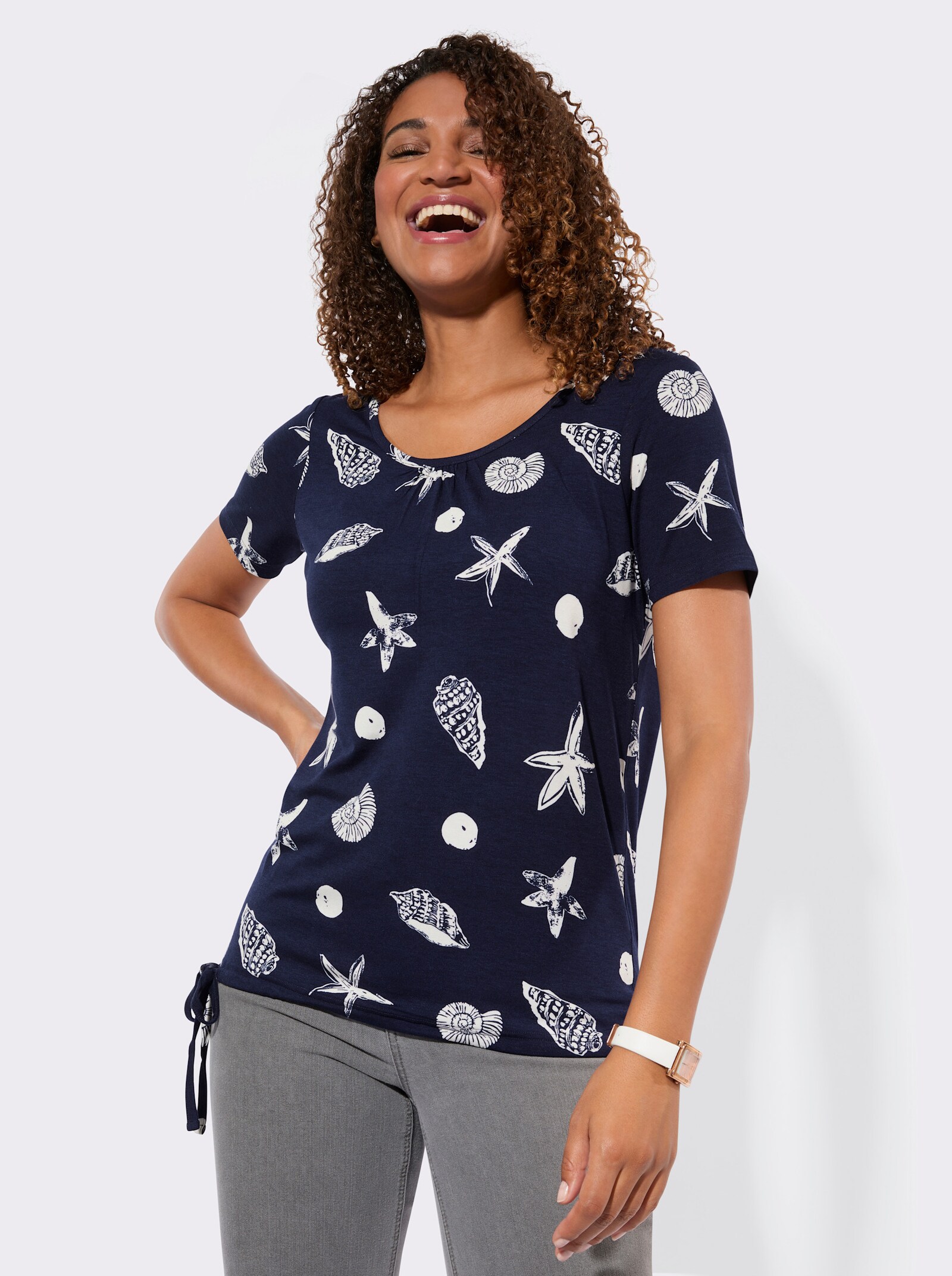 Kurzarmshirt mit Tunnelzug am Saum - marine-weiß-bedruckt