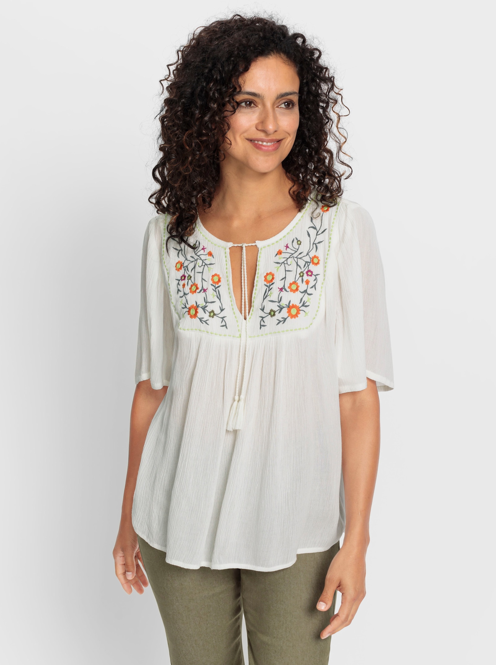 Tunika mit Blüten-Stickerei - ecru