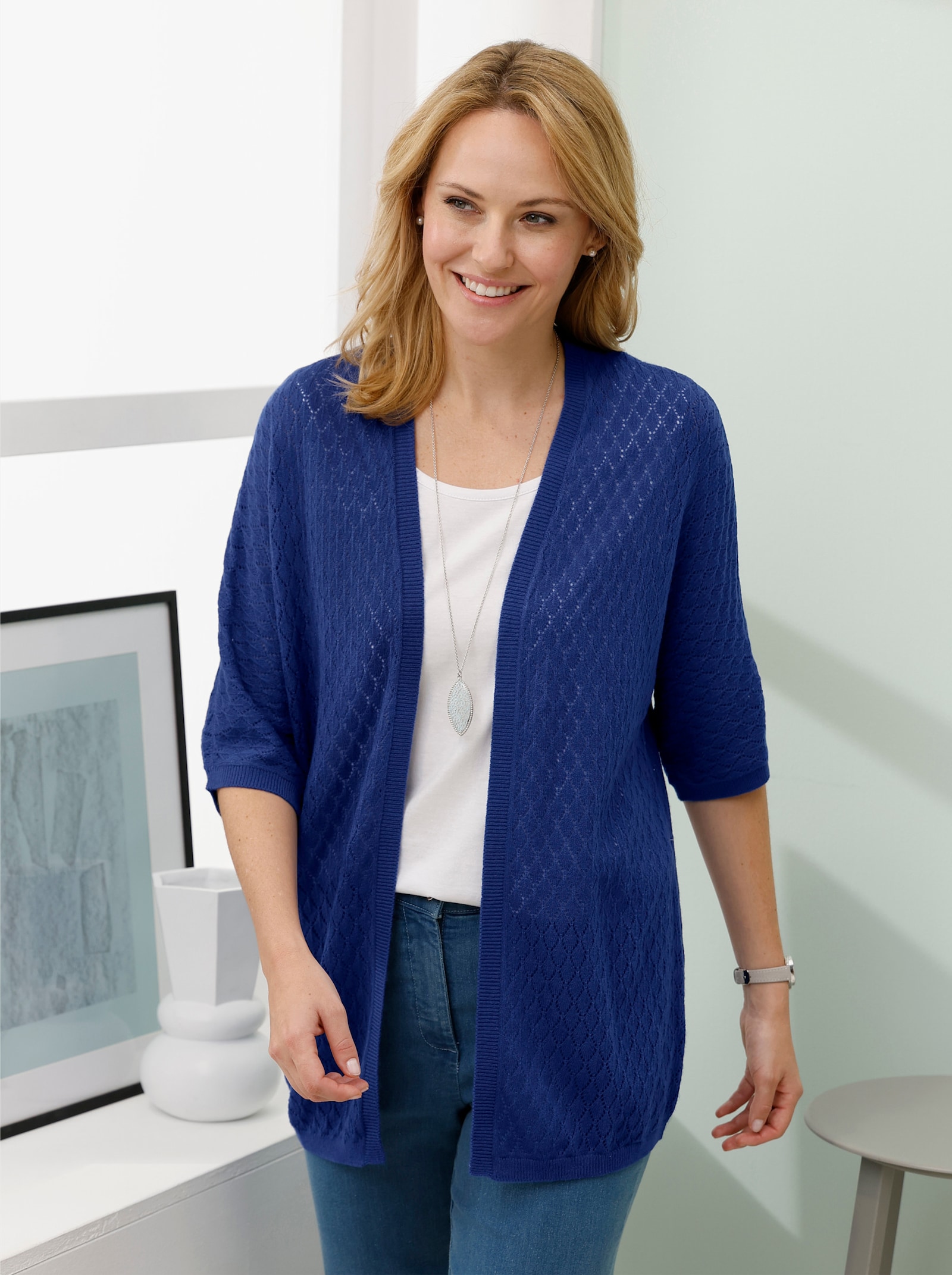 Longstrickjacke mit Ajour-Muster - royalblau