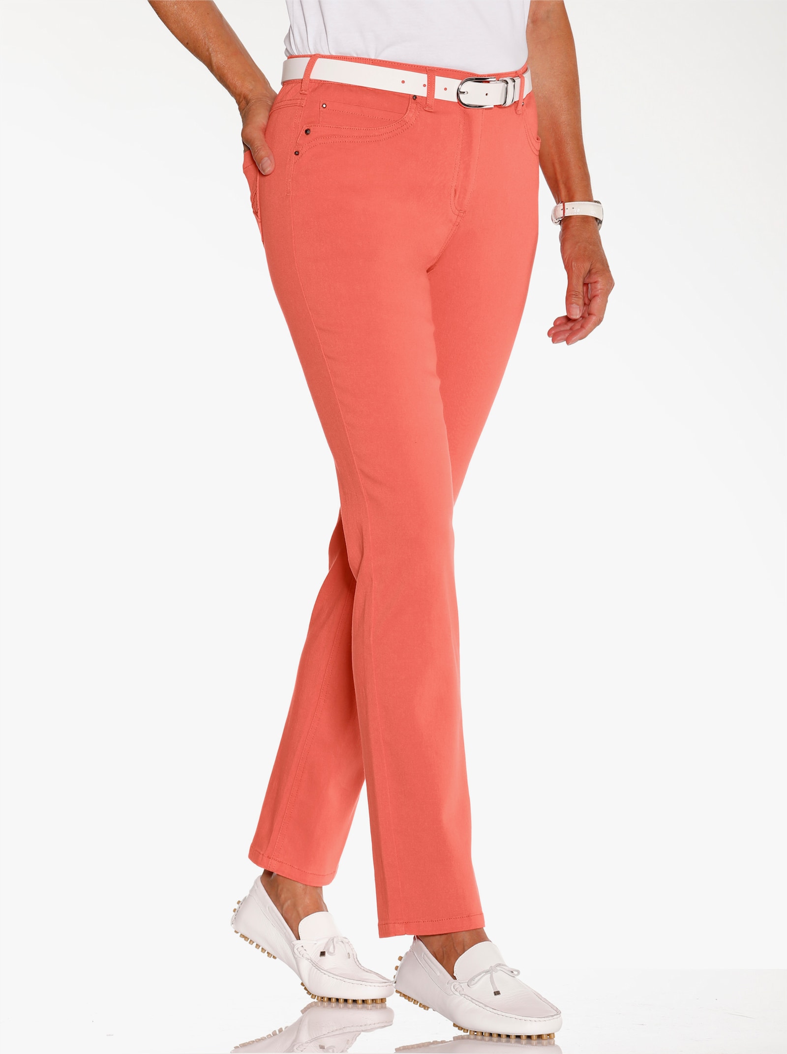 5-pocketsjeans met sierstuds op de zakken - koraal