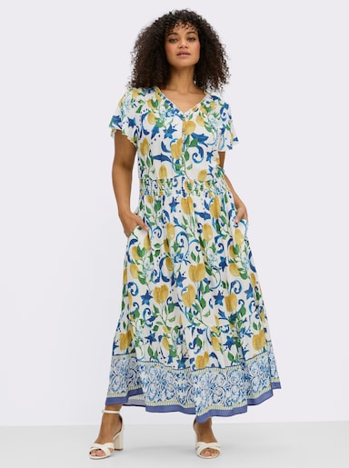 sheego by Joe Browns Maxikleid mit breitem Smokbund - weiß-sonnengelb-gemustert