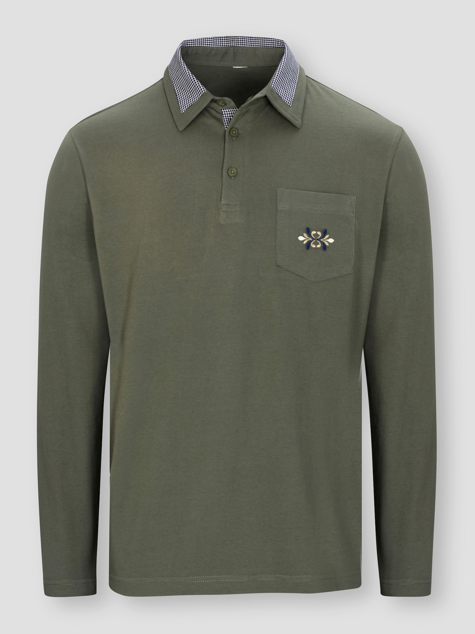 Langarm-Poloshirt mit Webkaro-Details - khaki