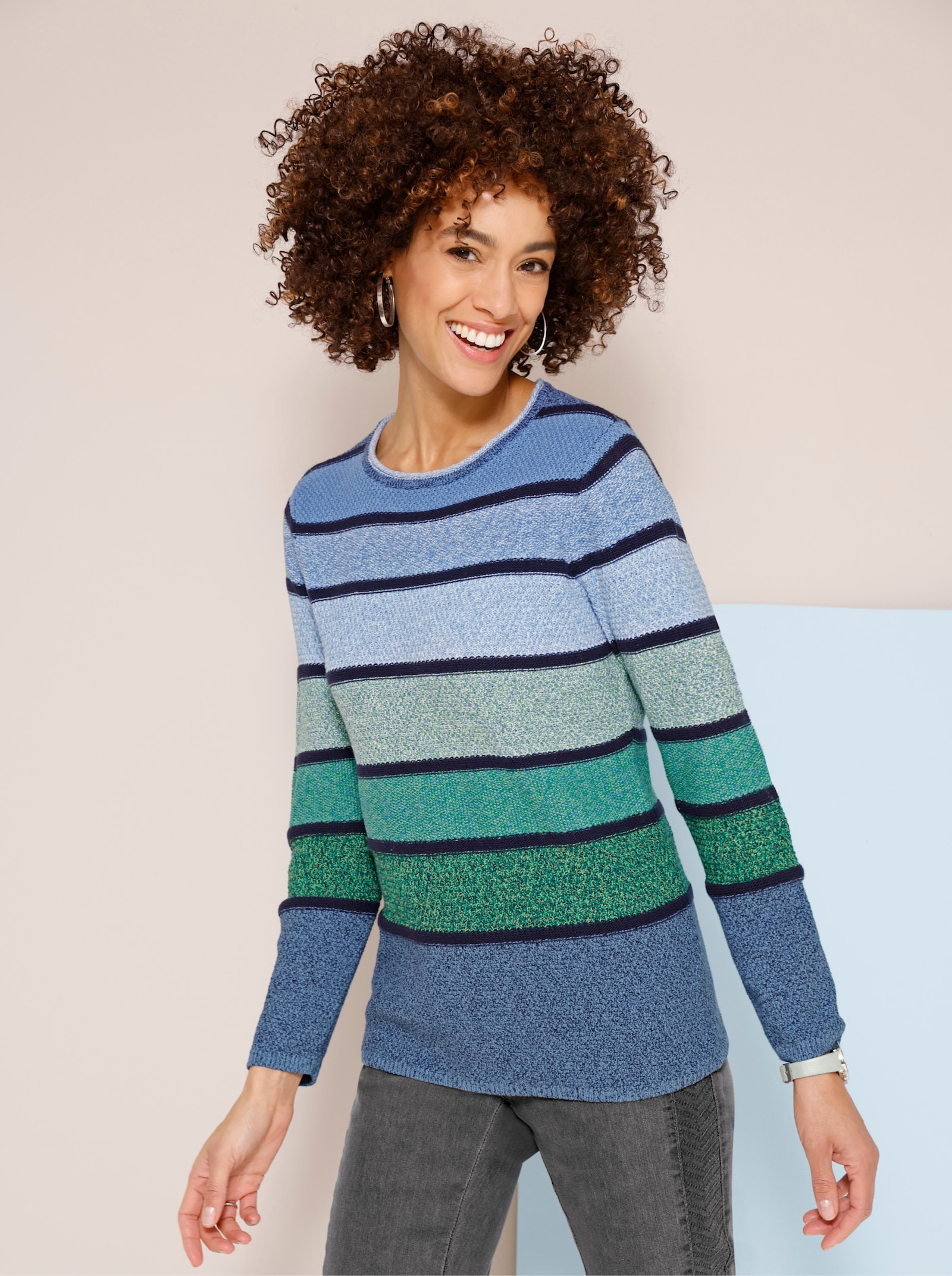 Langarm-Pullover aus Baumwolle, gestreift - mittelblau-grün-geringelt