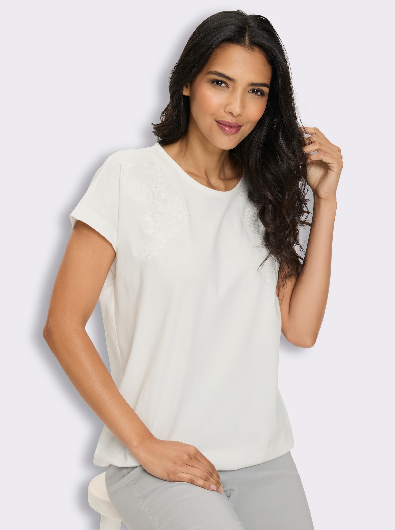 Kurzarmshirt mit Blumen-Stickerei - ecru
