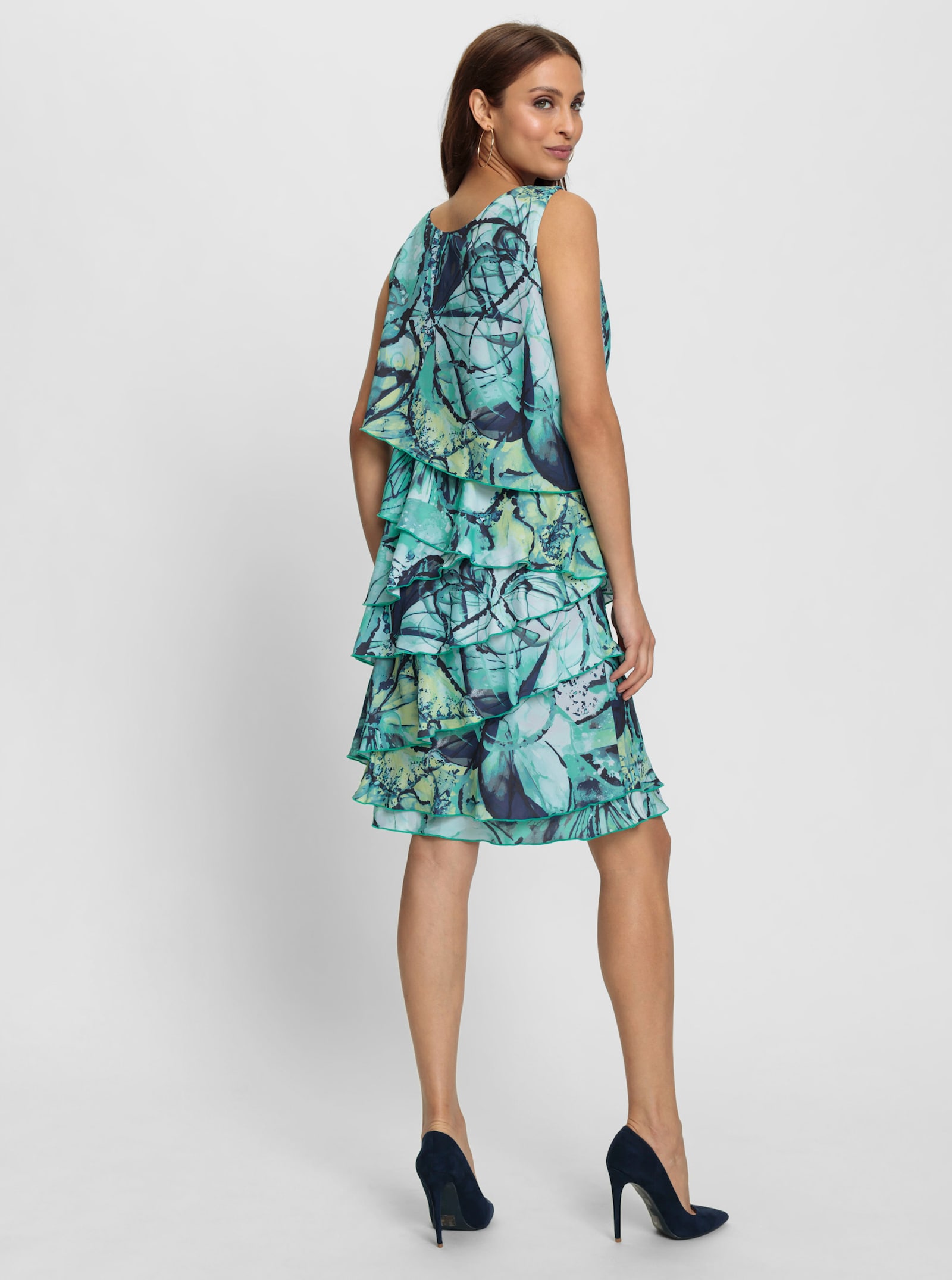 Volán.šaty vrstvený vzhľ. - Oceánovo-námornícka modrá potlač