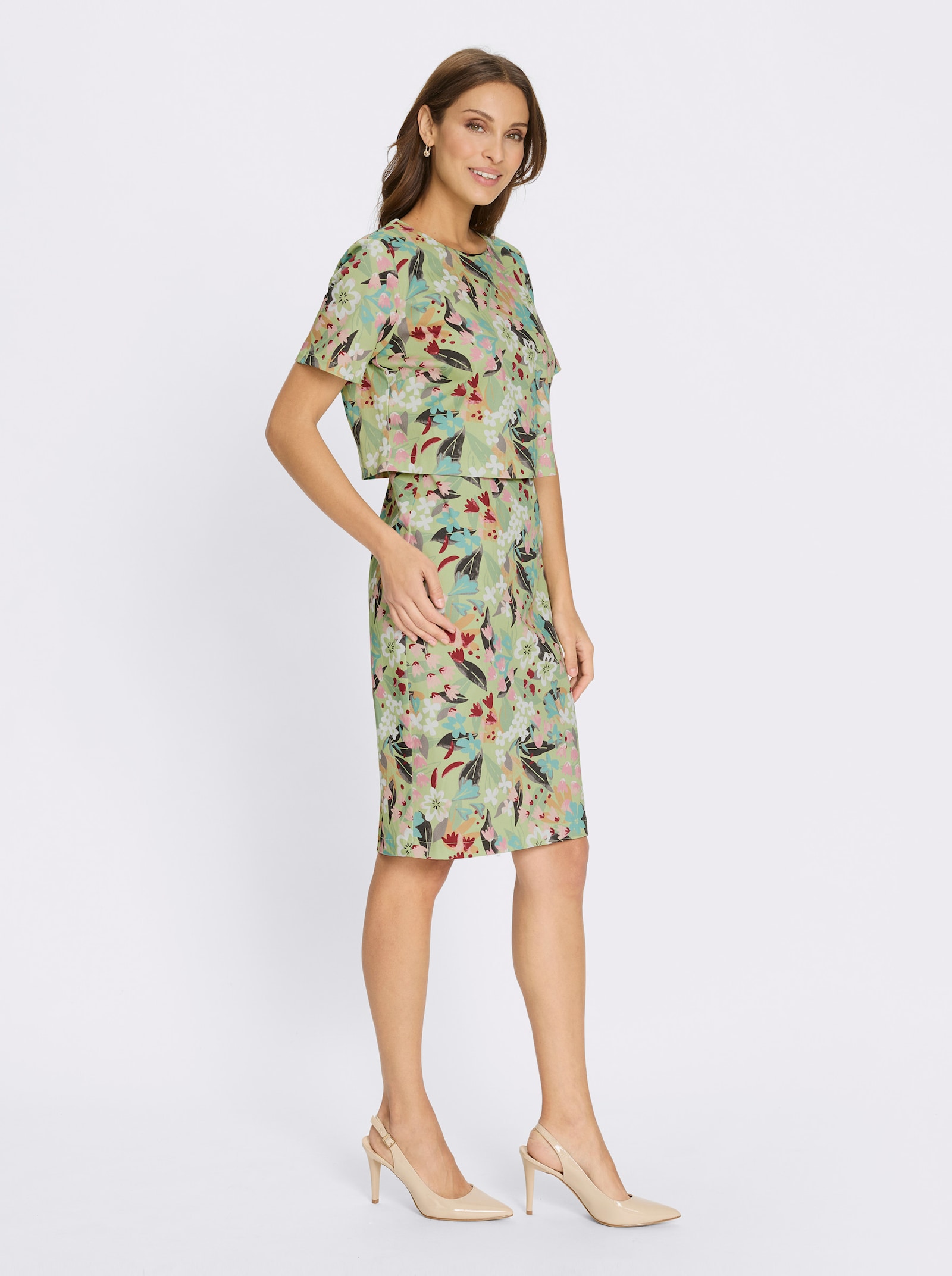 Druckkleid in 2-in-1-Optik - lindgrün-altrosa-bedruckt