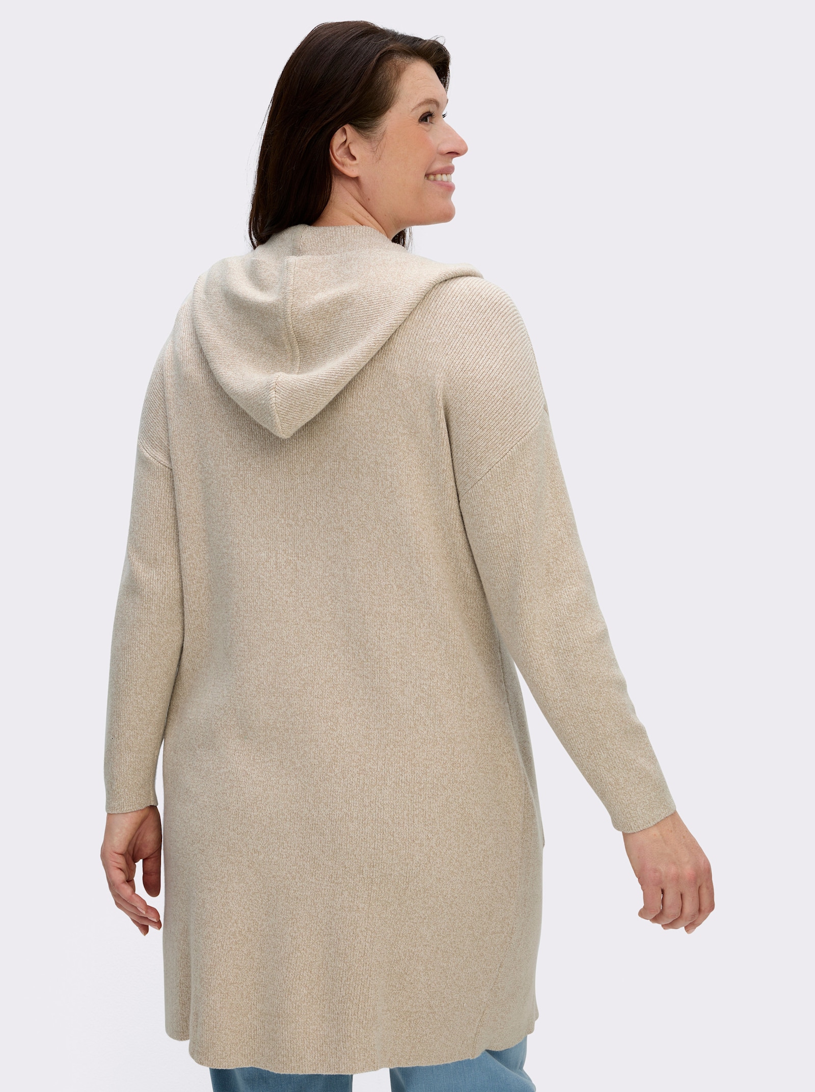 Longstrickjacke mit Kapuze - beige-meliert