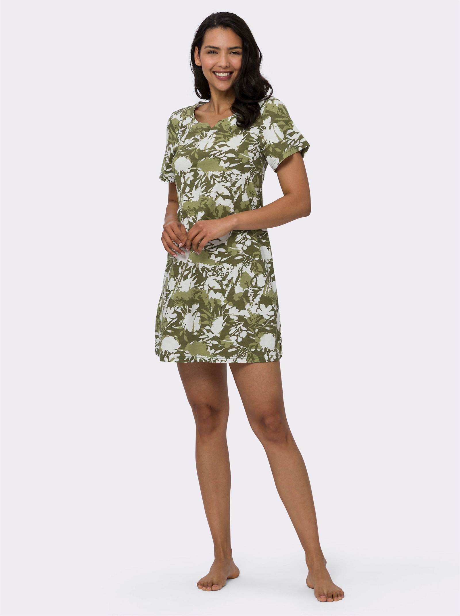 Sommerkleid in A-Linie, bedruckt - ecru-oliv-bedruckt