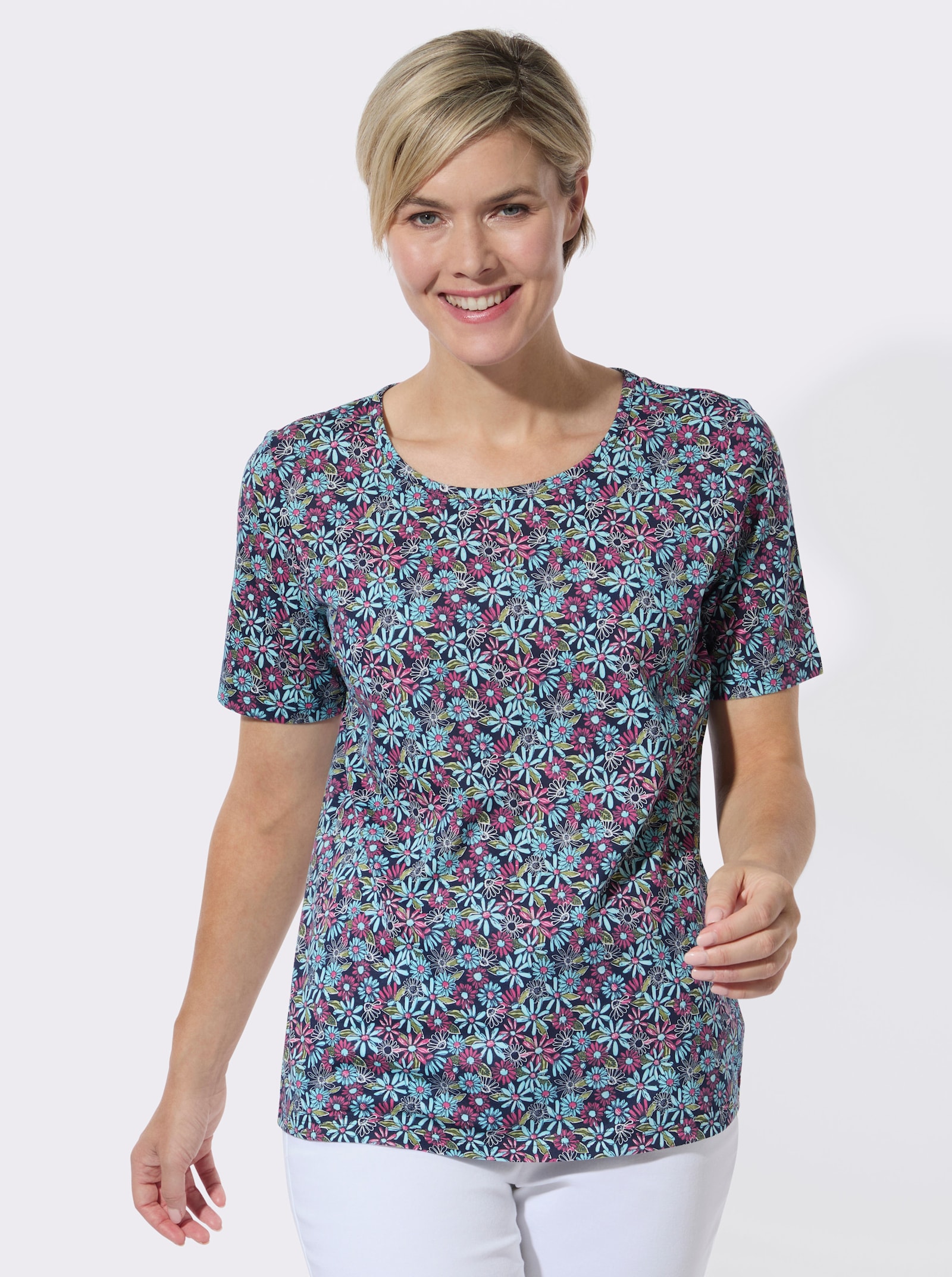 Print-Shirt aus reiner Baumwolle - marine-aquamarin-bedruckt