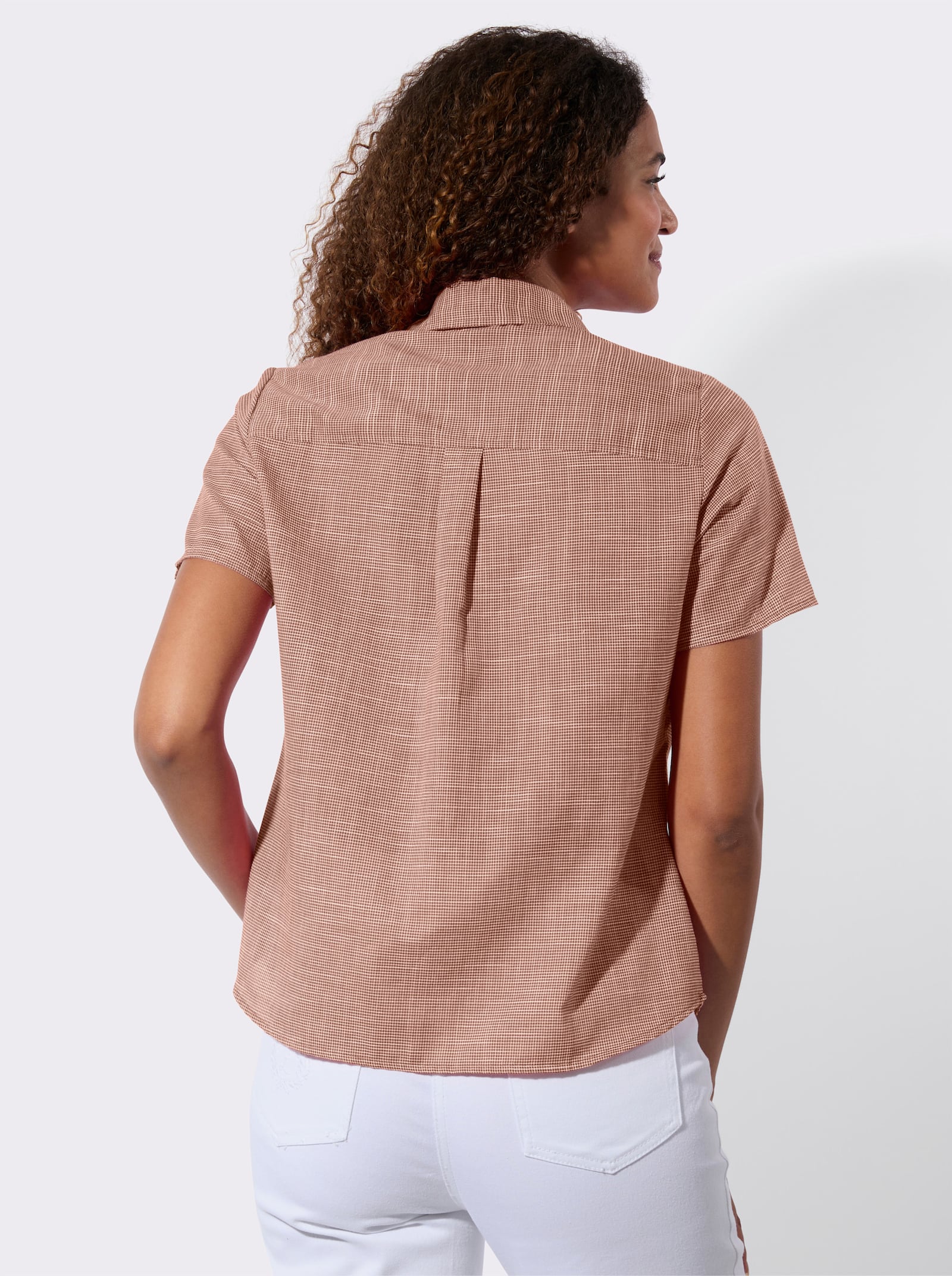 Kurzarm-Bluse mit abgerundetem Saum - cognac-weiß-gemustert
