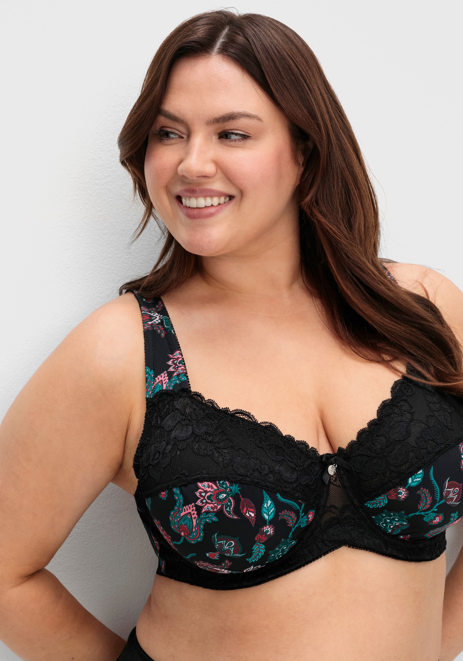 sheego Bügel-BH mit Paisleydruck und Spitze - schwarz bedruckt