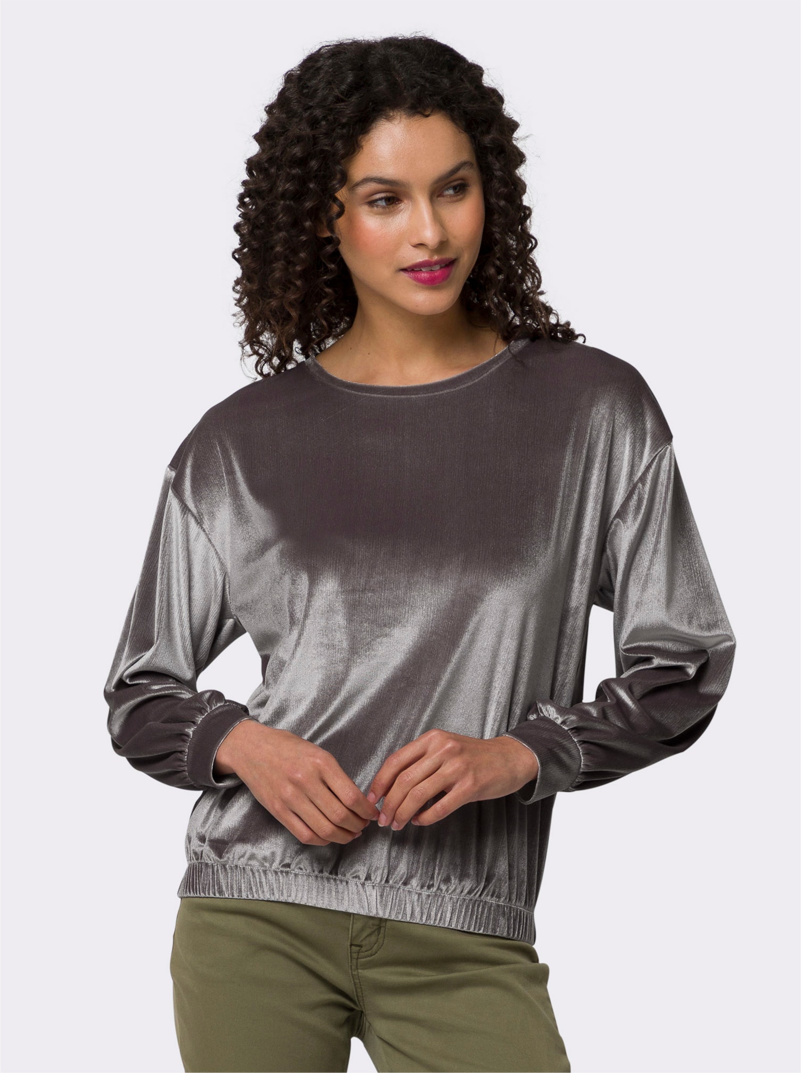 heine Rundhalsshirt in Samt-Optik - dunkeltaupe