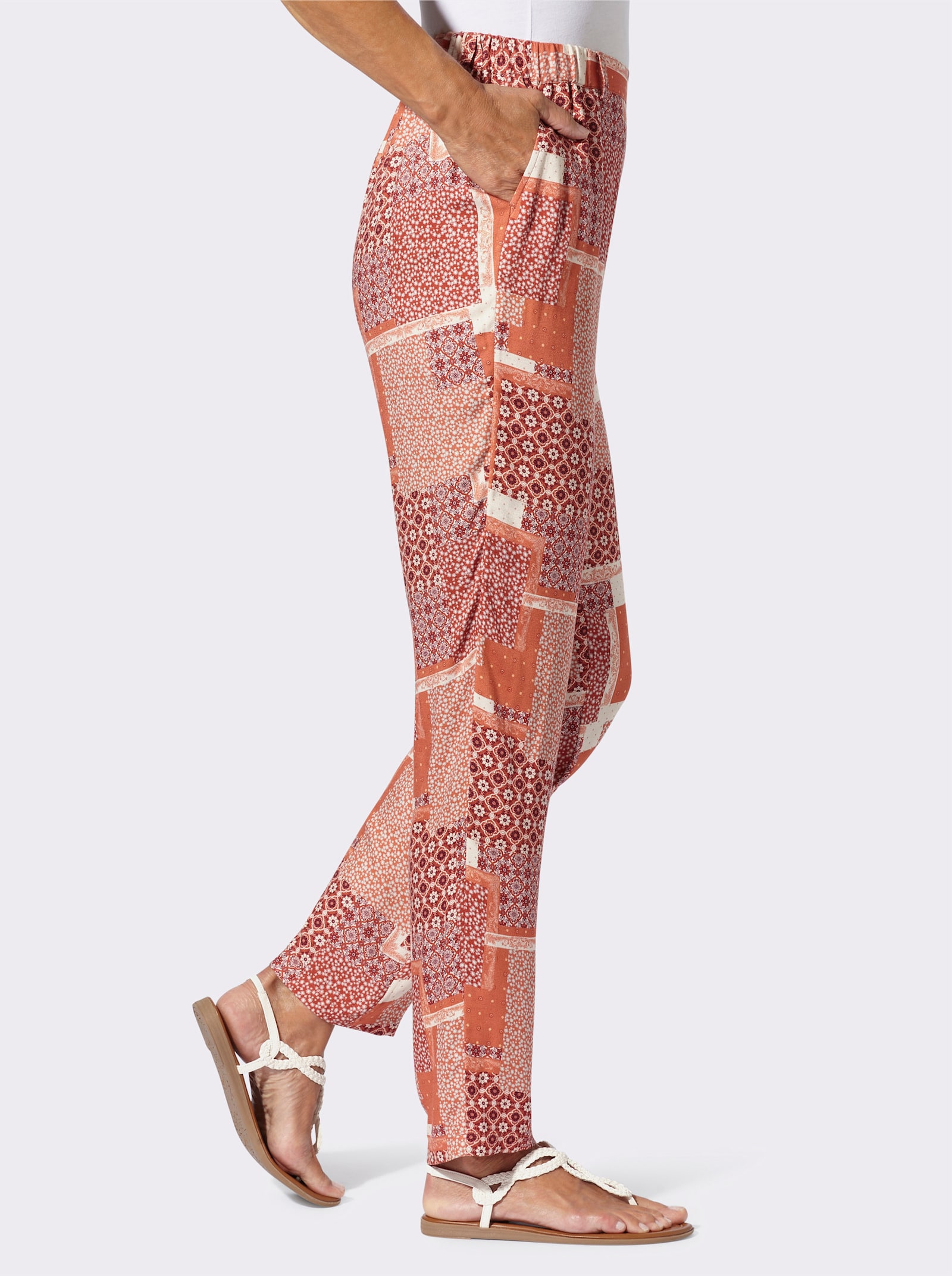 Druckhose mit Rundum-Dehnbund - champagner-papaya-bedruckt